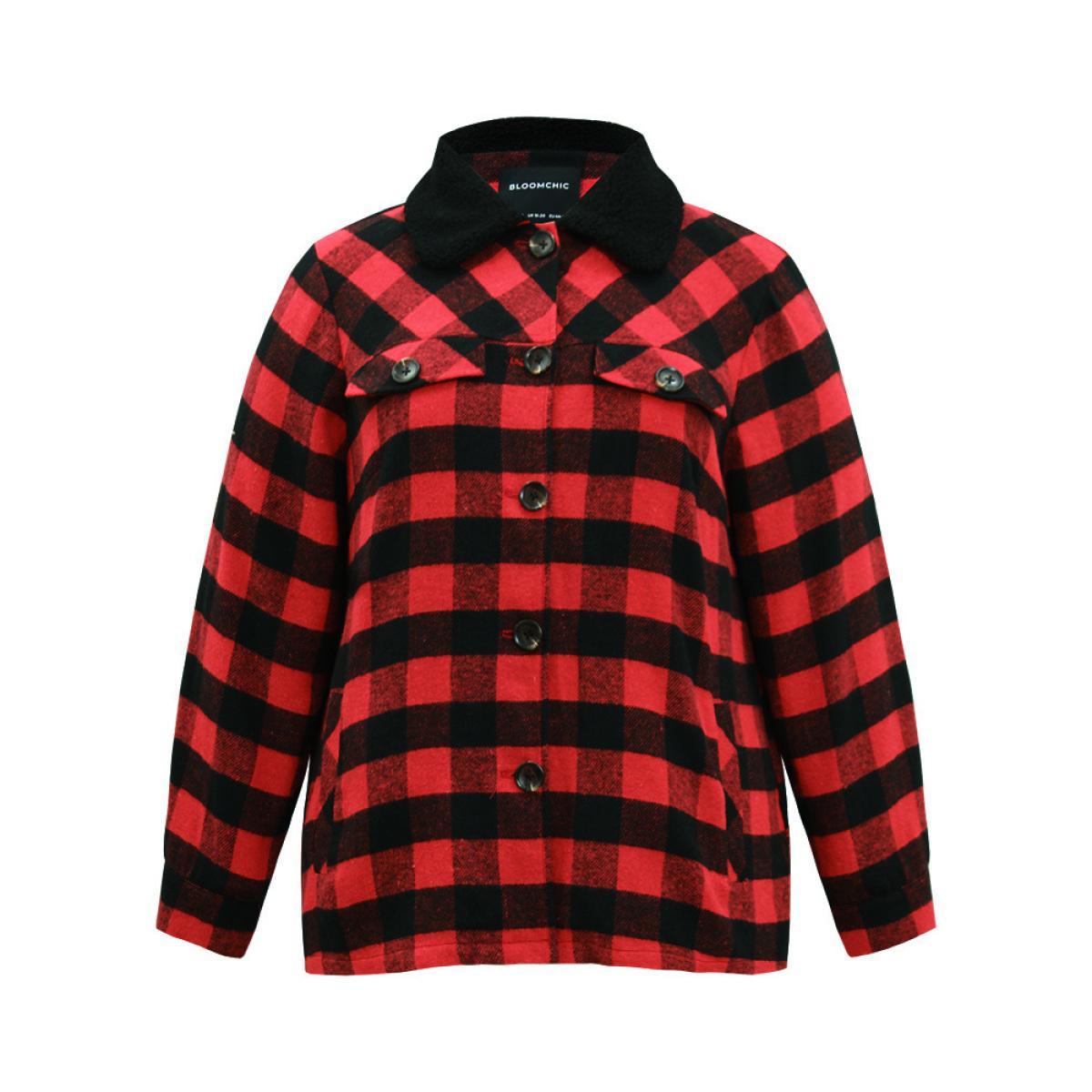Plus Size Plaid Button Through Patchwork Contrast Shacket Women Red Casual Contrast Ladies Dailywear Winter Coats BloomChic 22-24/3X Product Image