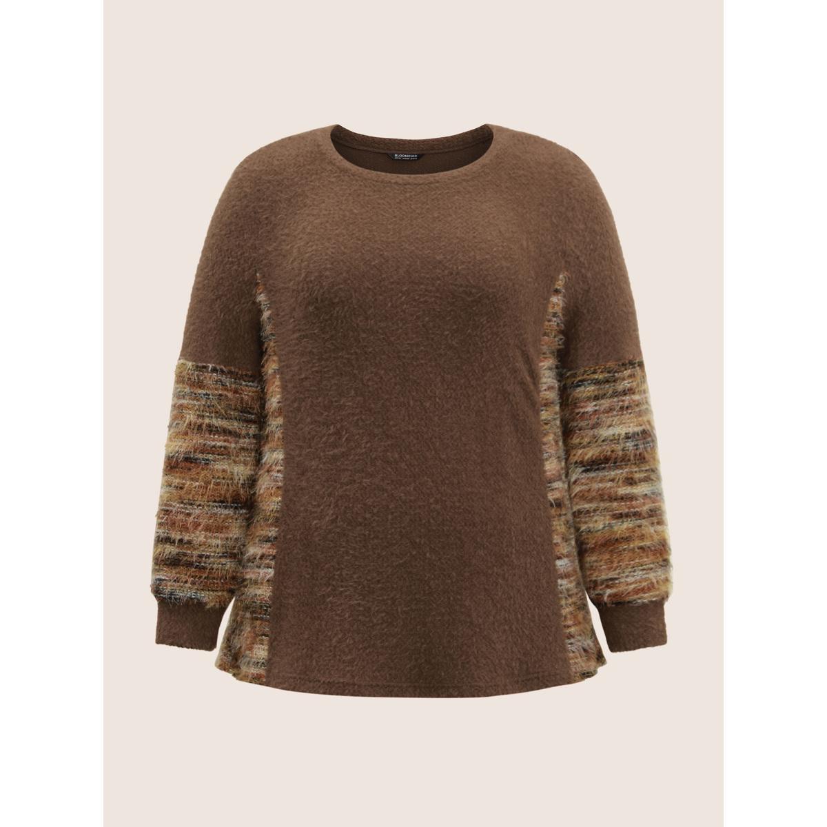 Plus Size Round Neck Patchwork Heather Fluffy Sweatshirt Women DarkBrown Casual Texture Round Neck Dailywear Sweatshirts BloomChic 26/4X Product Image