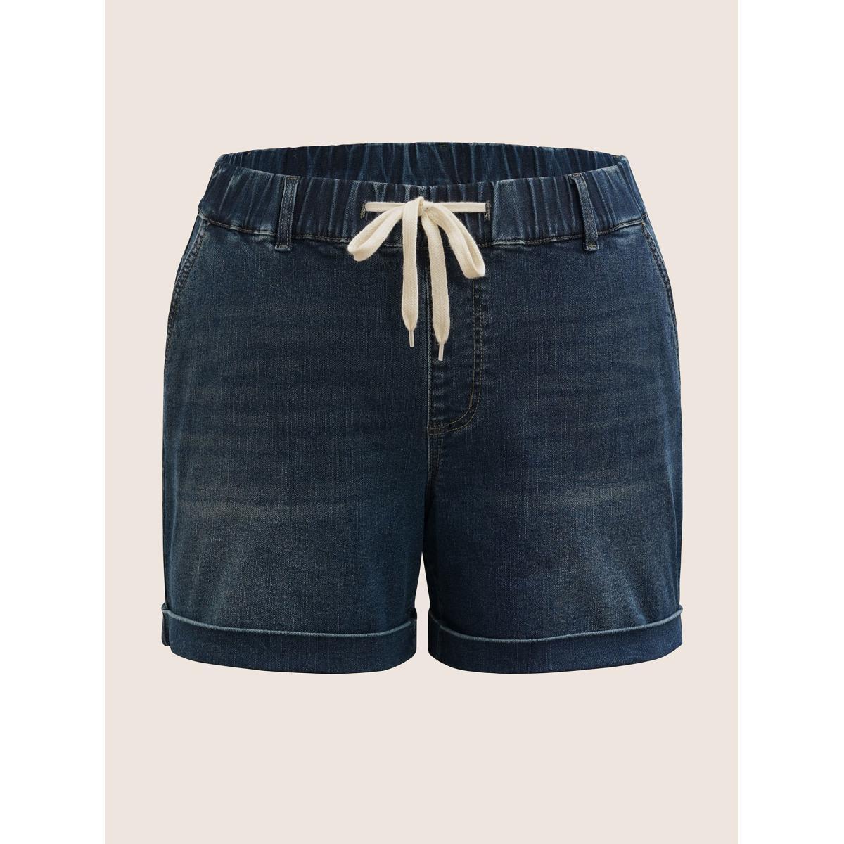 Plus Size Dark Wash Drawstring Roll Hem Denim Shorts Women Denimblue Roll Hem High stretch Everyday Slanted pocket Casual Denim Shorts BloomChic 16/1X Product Image