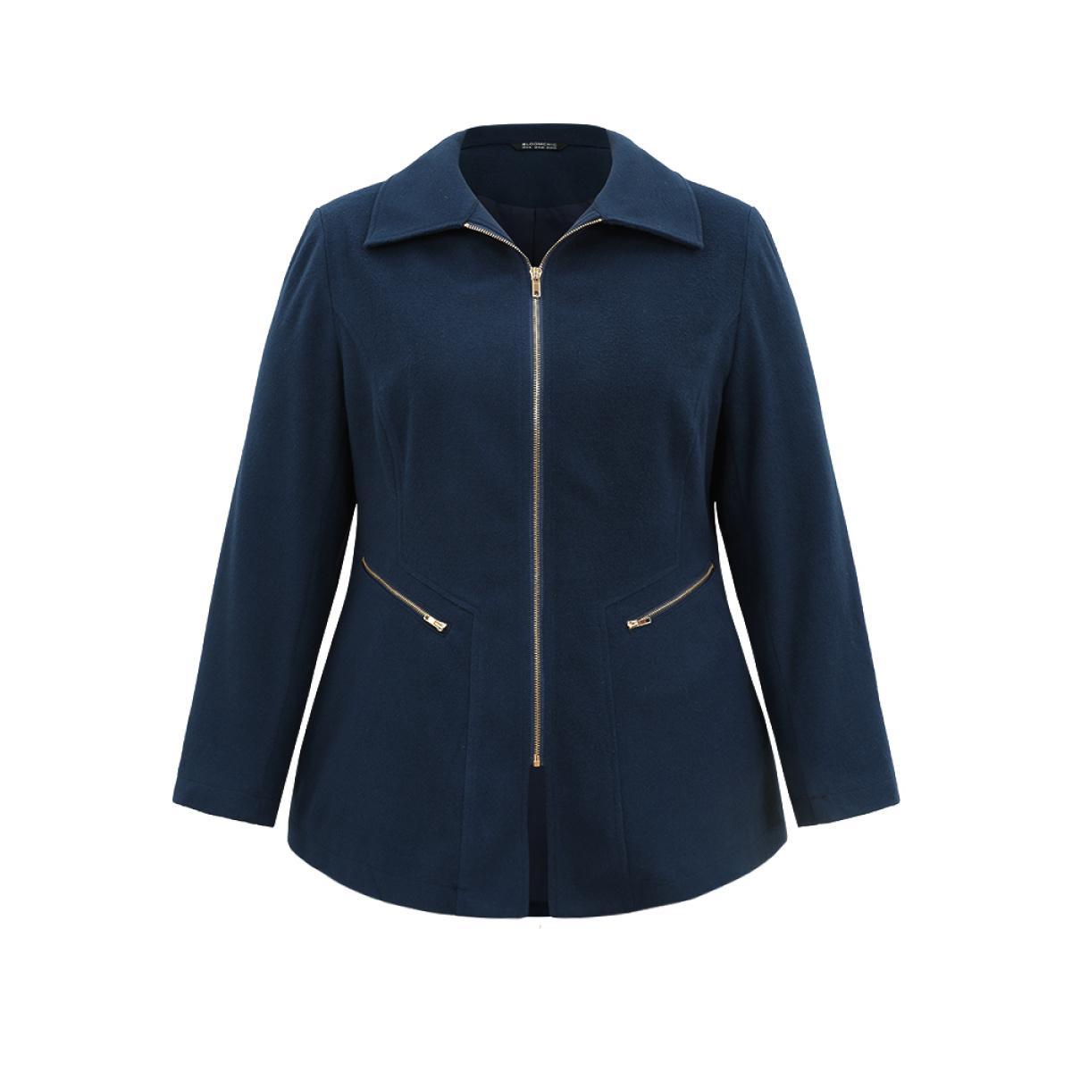 Plus Size Plain Pocket Lapel Collar Zipper Coat Women Indigo Work From Home Lined Ladies Work Winter Coats BloomChic 18-20/2X Product Image