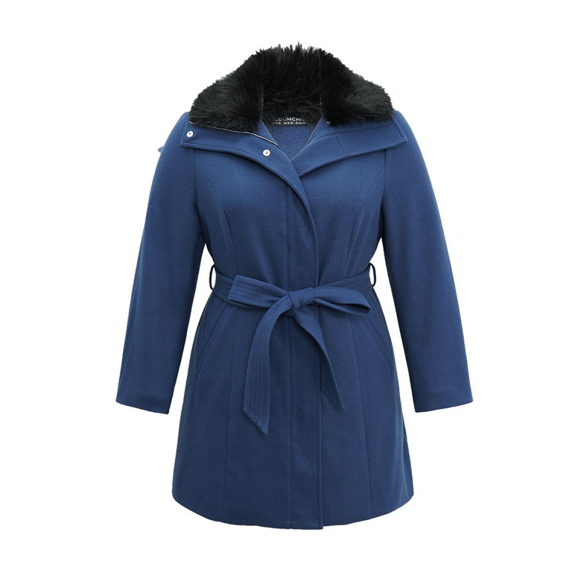 Plus Size Plain Fuzzy Trim Zipper Belted Coat Women DarkBlue Casual Lined Ladies Dailywear Winter Coats BloomChic 22-24/3X Product Image