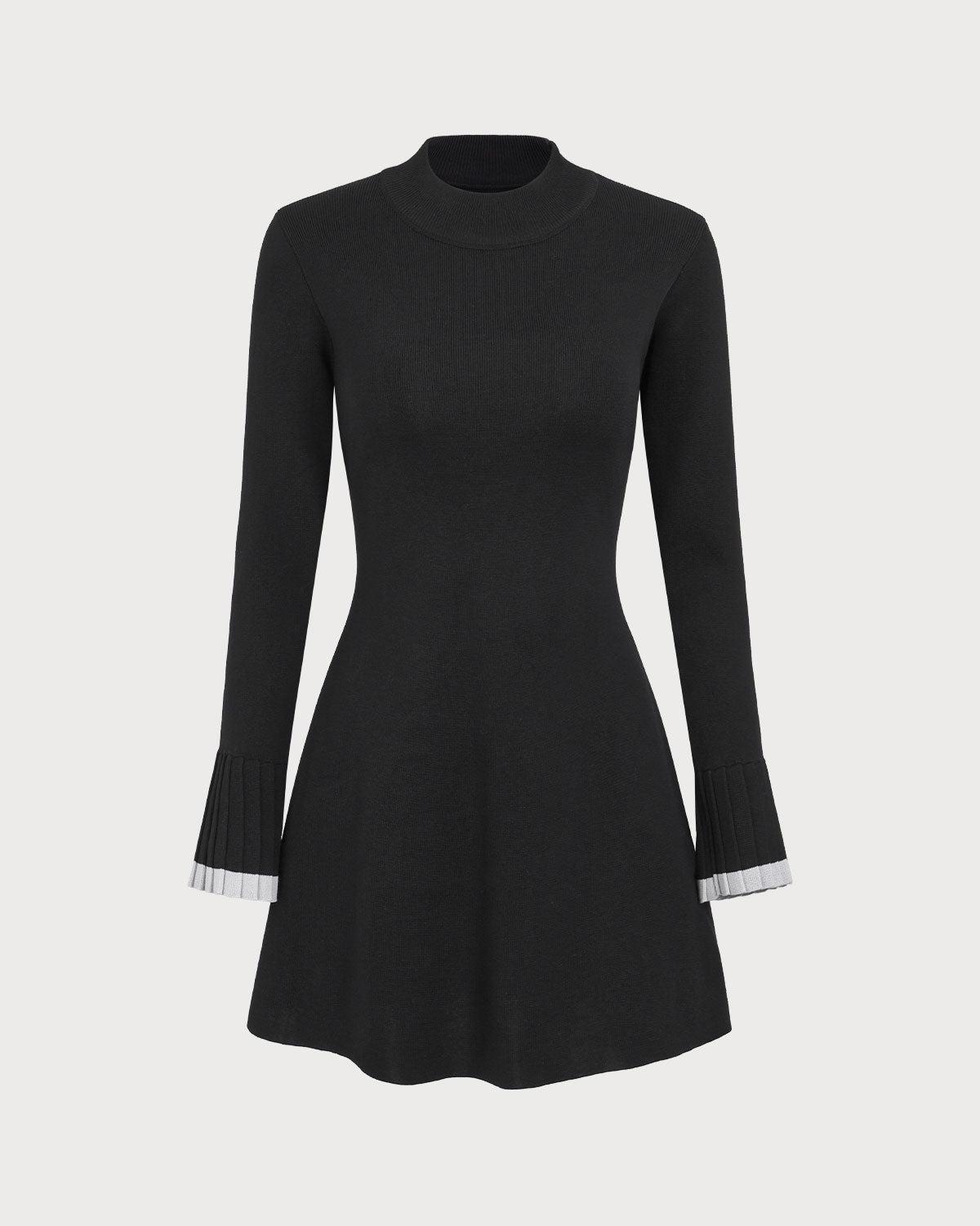 Black Contrasting Long Sleeve Sweater Mini Dress Product Image