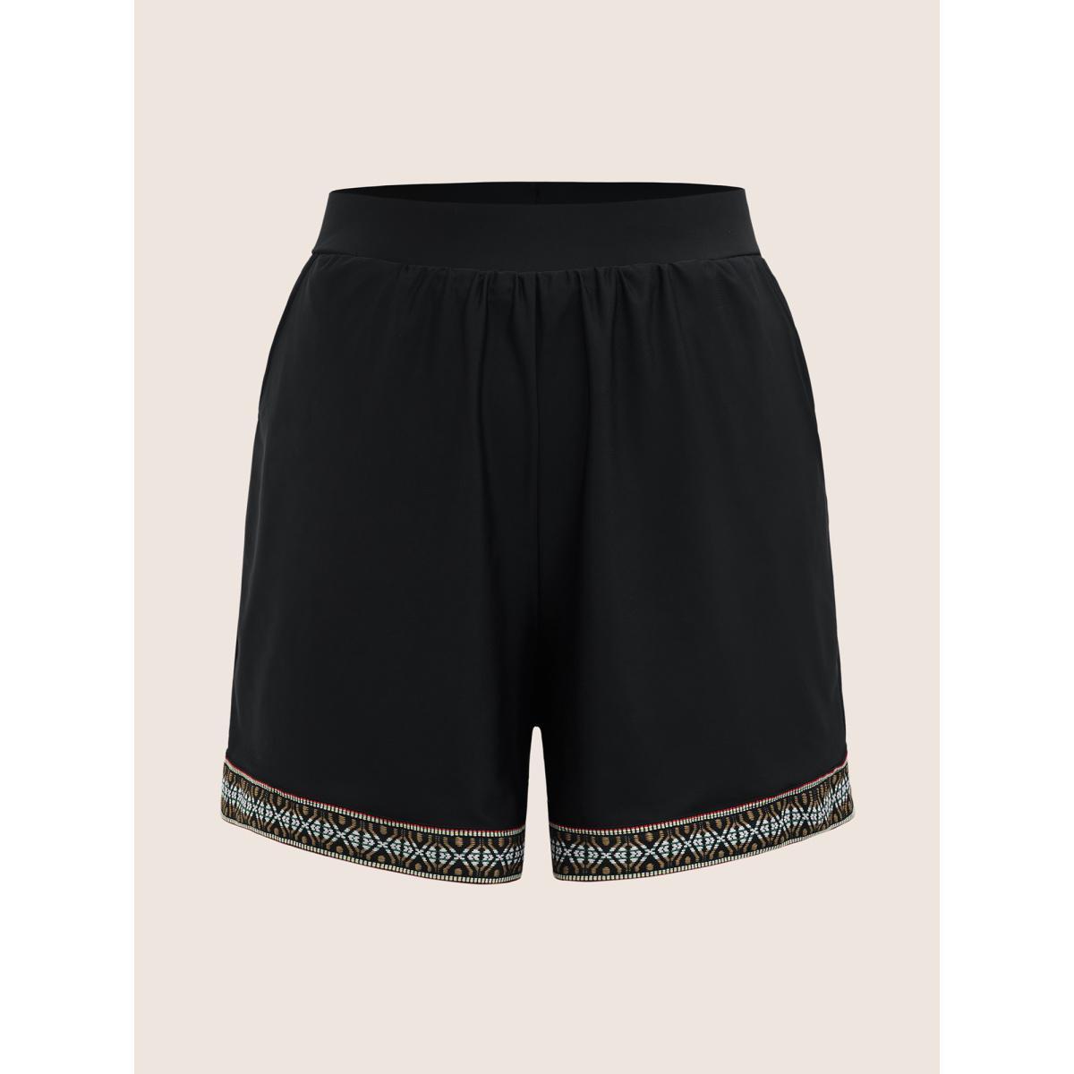 Plus Size Contrast Webbing Elastic Waist Pocket Swim Bottom Women's Swimwear Black Beach Woven ribbon&lace trim High stretch Bodycon High Rise Side seam pocket Curve Swim Bottoms BloomChic 28/5X Product Image