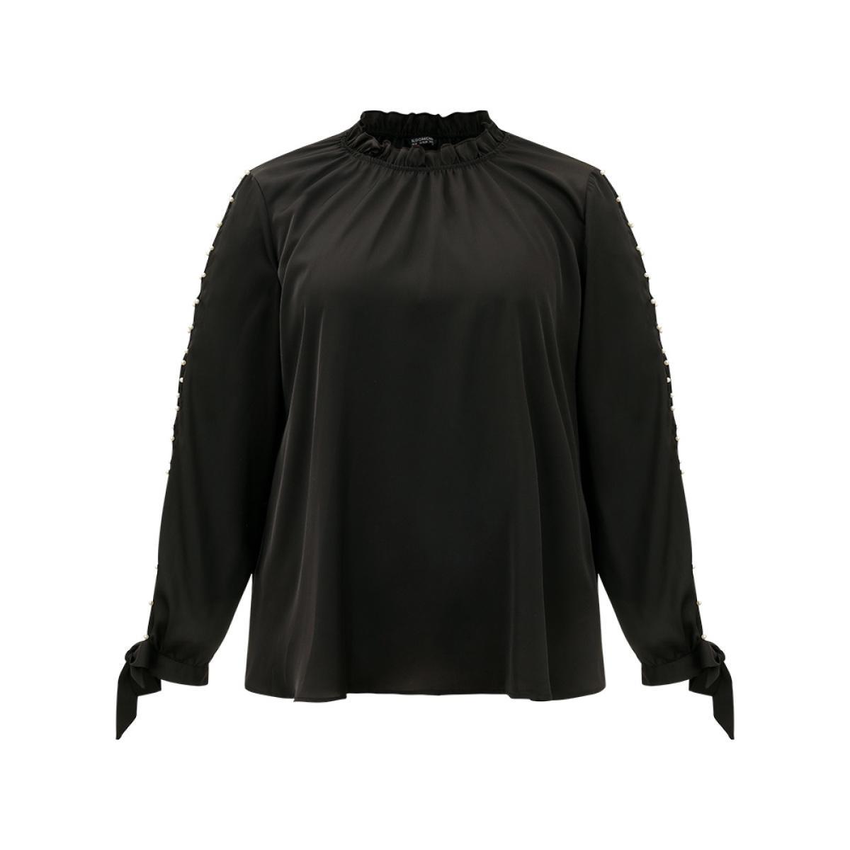 Plus Size Black Anti-Wrinkle Pearl Beaded Ties Cut Out Blouse Women Office Long Sleeve Halter neck Work Blouses BloomChic 22-24/3X Product Image