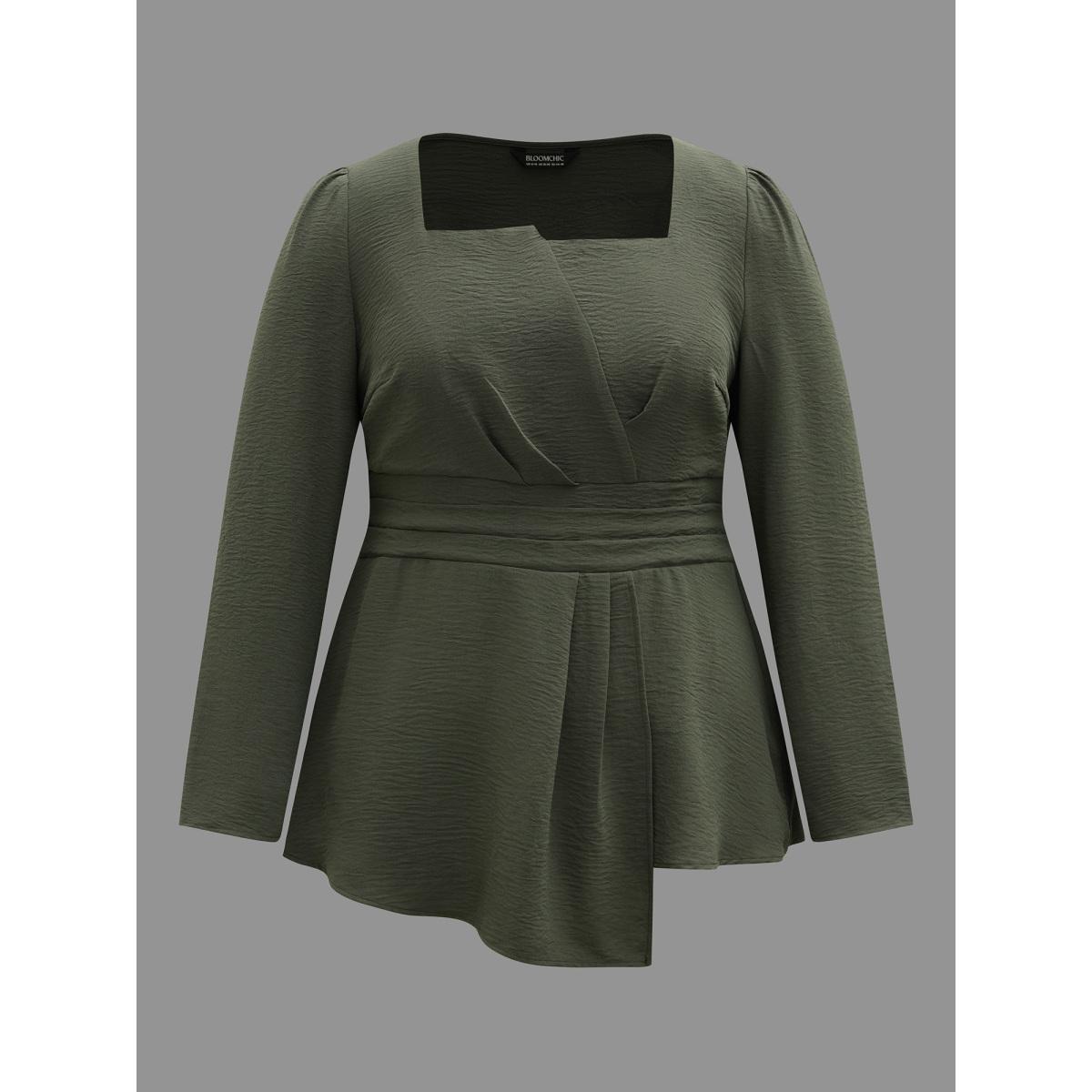 Plus Size ArmyGreen Asymmetrical Neckline Stretchy Waist Plicated Detail Blouse Women Elegant Extra Long Sleeve Asymmetrical Neck Everyday Blouses BloomChic 14-16/1X Product Image