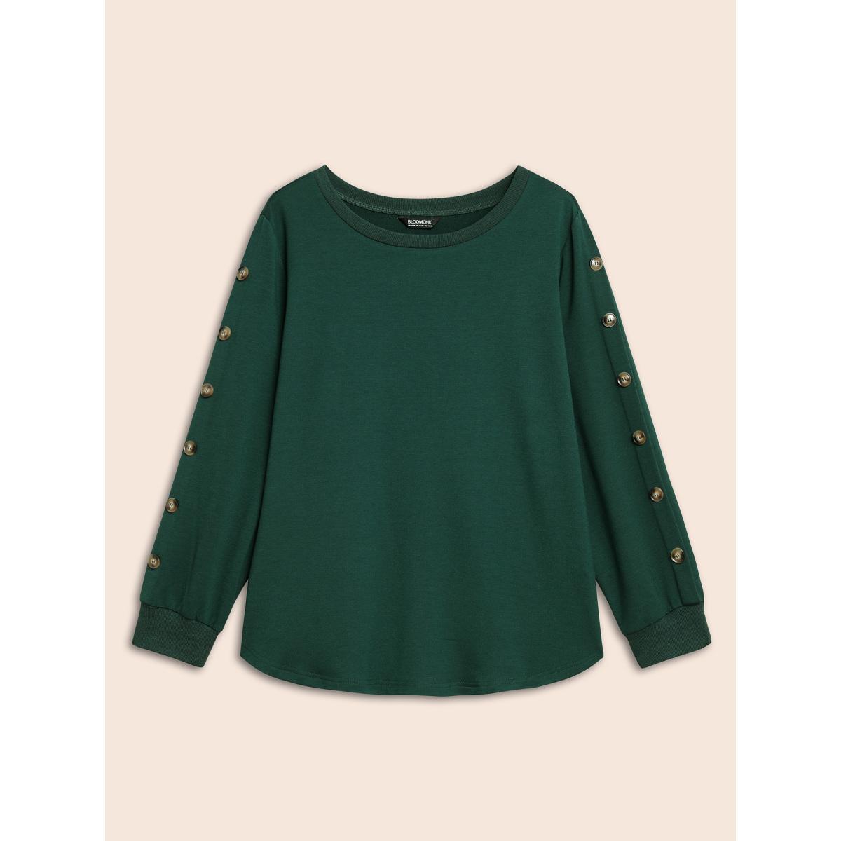 Plus Size Crew Neck Patchwork Button Detail Sweatshirt Women DarkGreen Casual Patchwork Round Neck Everyday Sweatshirts BloomChic 22-24/3X Product Image