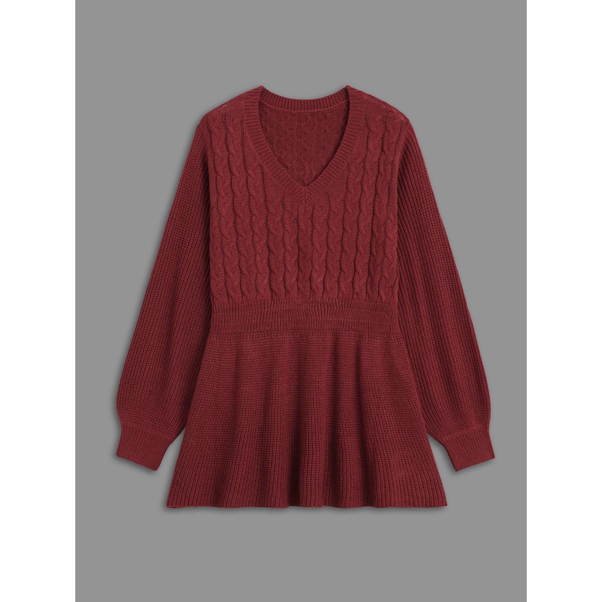 Plus Size V Neck Texture Cable Knit Pullover Burgundy Women Casual Bodycon Long Sleeve V-neck Everyday Pullovers BloomChic 12/L Product Image