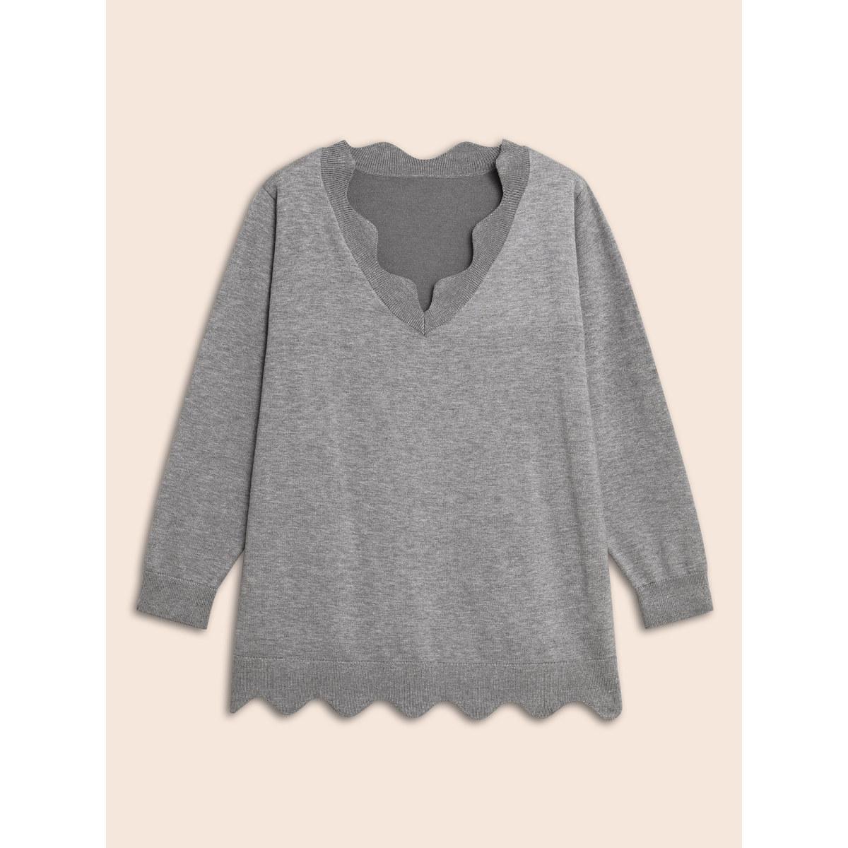 Plus Size Supersoft Essentials Scalloped Trim Split Hem Pullover Mediumgray Women Casual Long Sleeve V-neck Everyday Pullovers BloomChic 18-20/2X Product Image