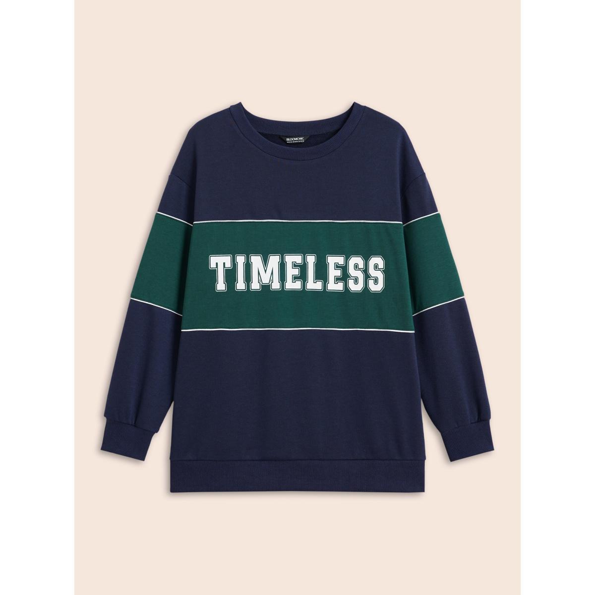 Plus Size Crew Neck Letter Print Contrast Sweatshirt Women Navy Casual Contrast Round Neck Everyday Sweatshirts BloomChic 18-20/2X Product Image