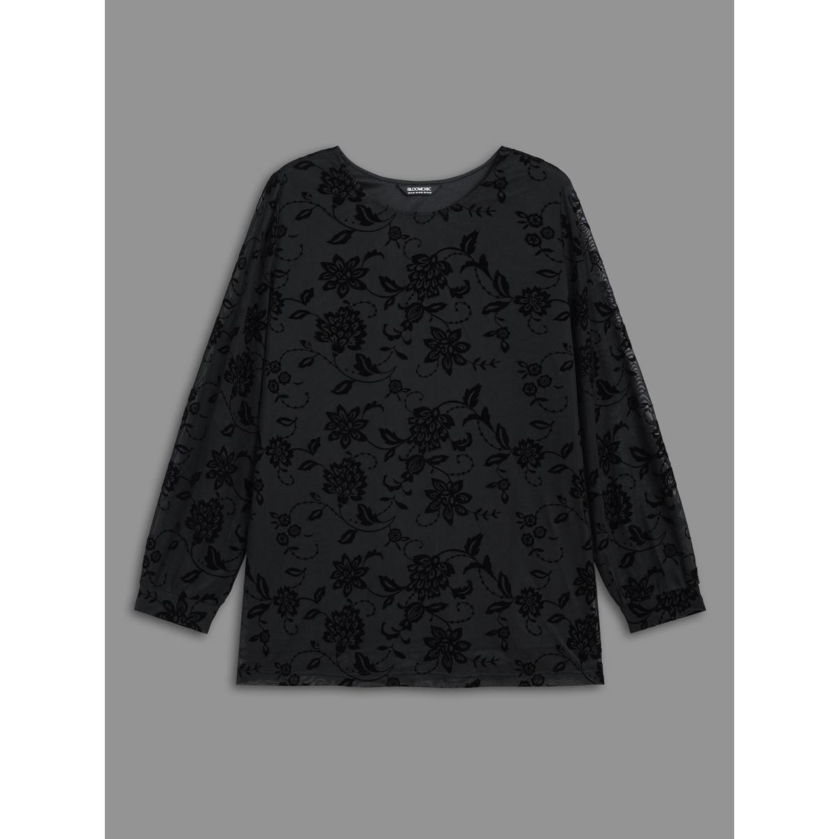 Plus Size Black Floral Flocking Sheer Sleeve Lined Knit Top Women Elegant Long Sleeve Round Neck Everyday Blouses BloomChic 28/5X Product Image