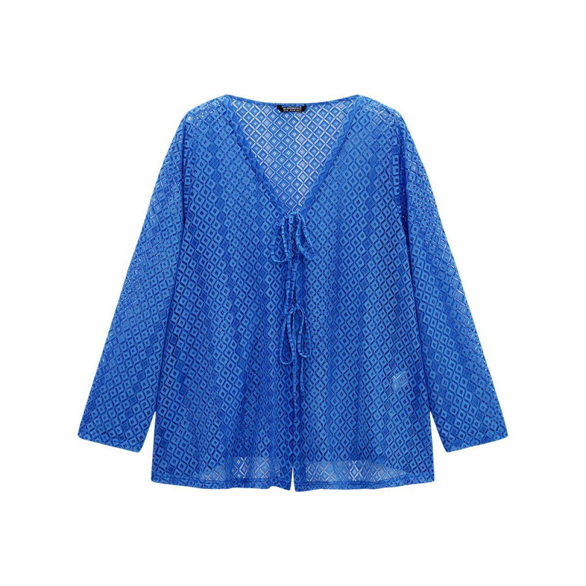Plus Size Plain Knot Lace Mesh Hollow Out Jacket Women Blue Plain Dailywear Jackets BloomChic 18-20/2X Product Image