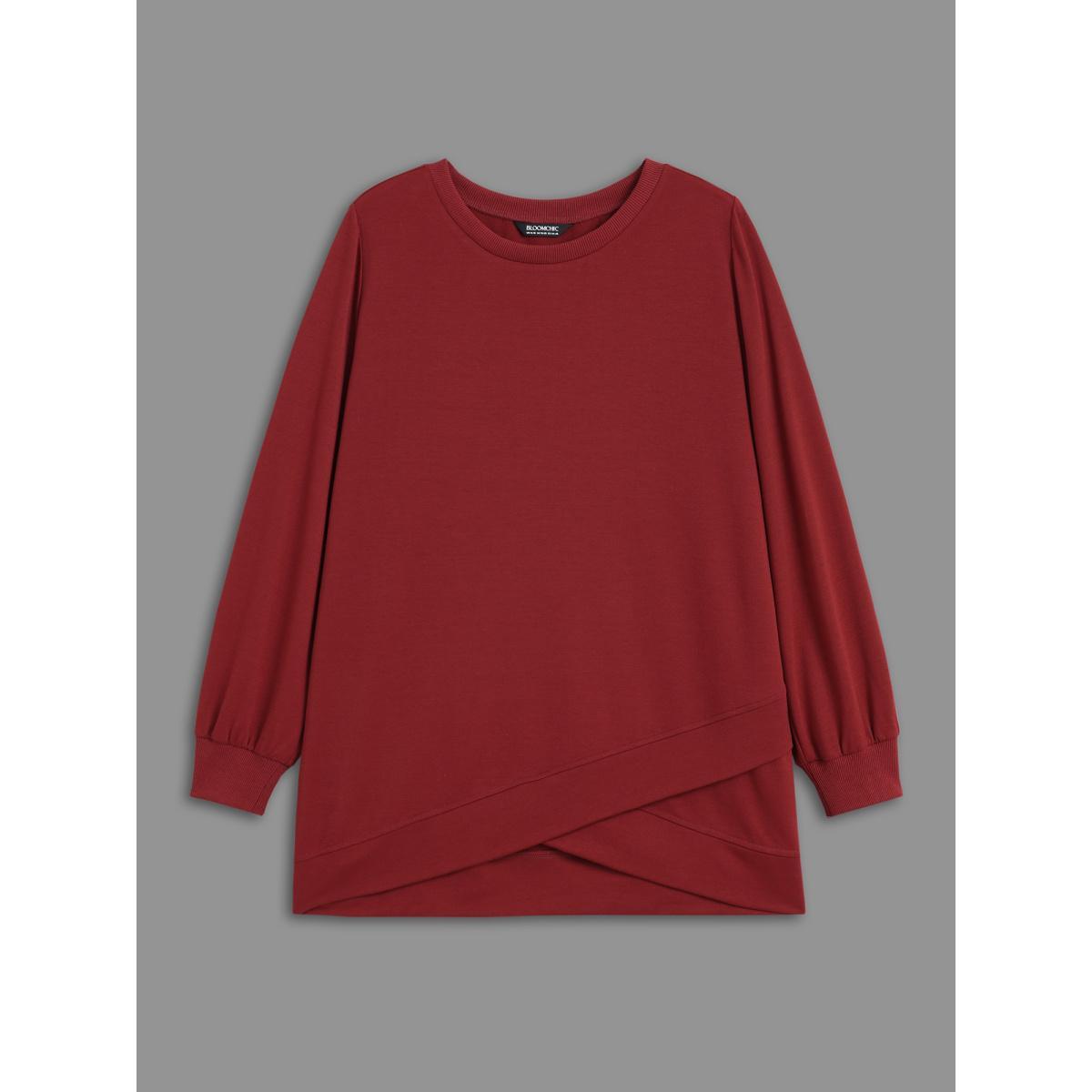 Plus Size Overlapping Hem Round Neck Sweatshirt Women Burgundy Casual Overlapping Round Neck Everyday Sweatshirts BloomChic 18-20/2X Product Image
