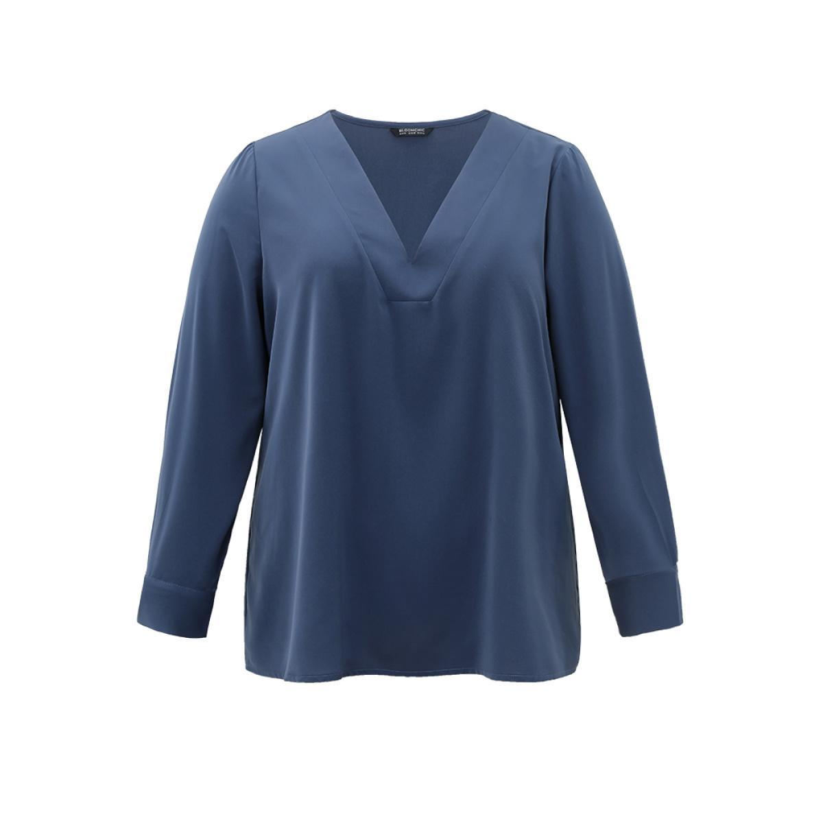 Plus Size Indigo Solid V Neck Button Up Pleated Blouse Women Office Long Sleeve V-neck Work Blouses BloomChic 14-16/1X Product Image