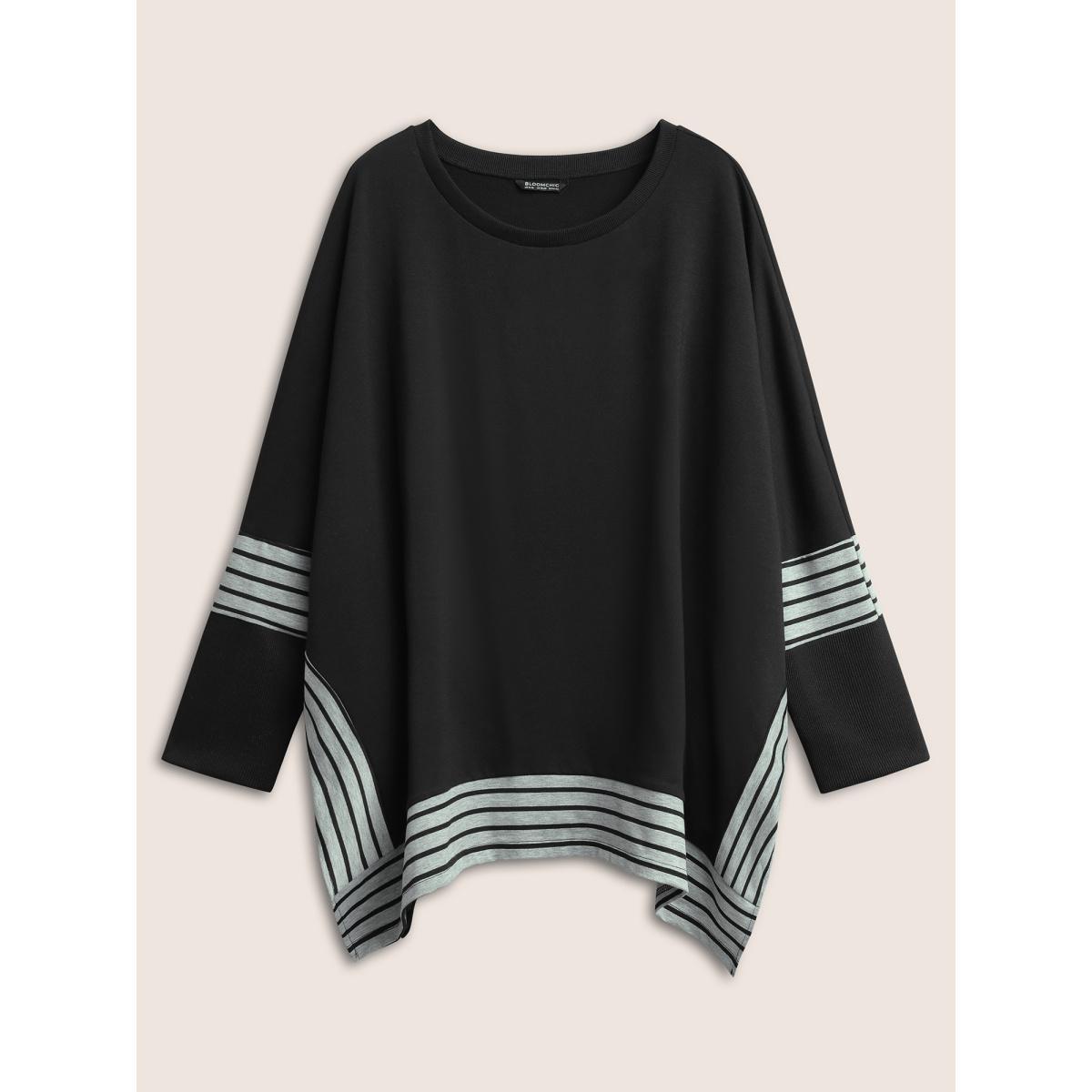 Plus Size Rib Knit Striped Curved Hem Sweatshirt Women Black Casual Contrast Round Neck Everyday Sweatshirts BloomChic 12/L Product Image