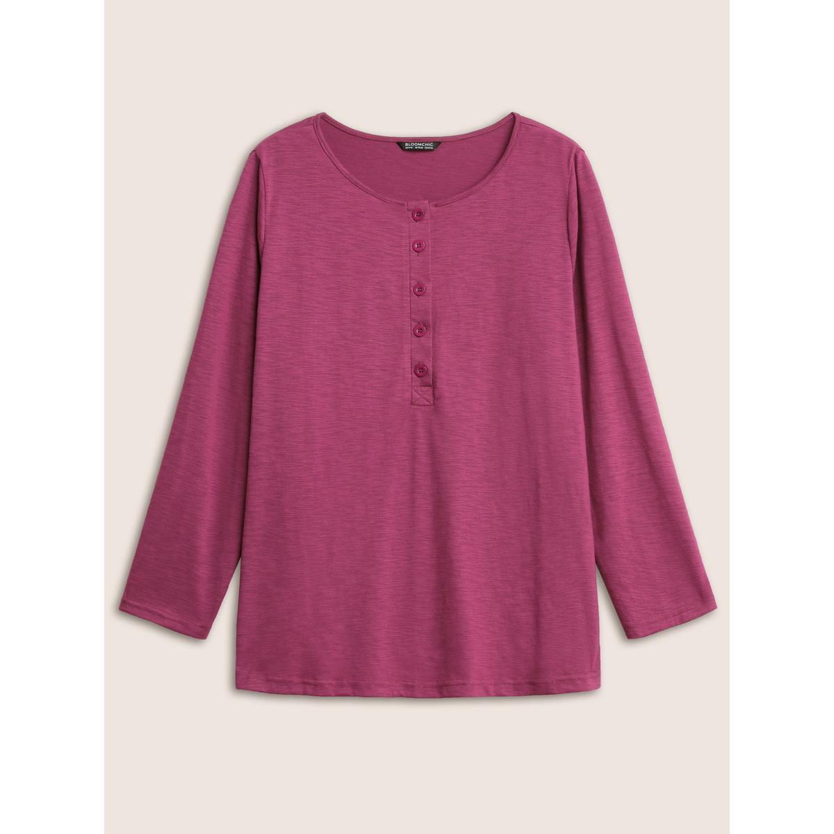 Plus Size Solid Heather Button Up T-shirt RedViolet Women Casual Non Plain Round Neck Everyday T-shirts BloomChic 12/L Product Image