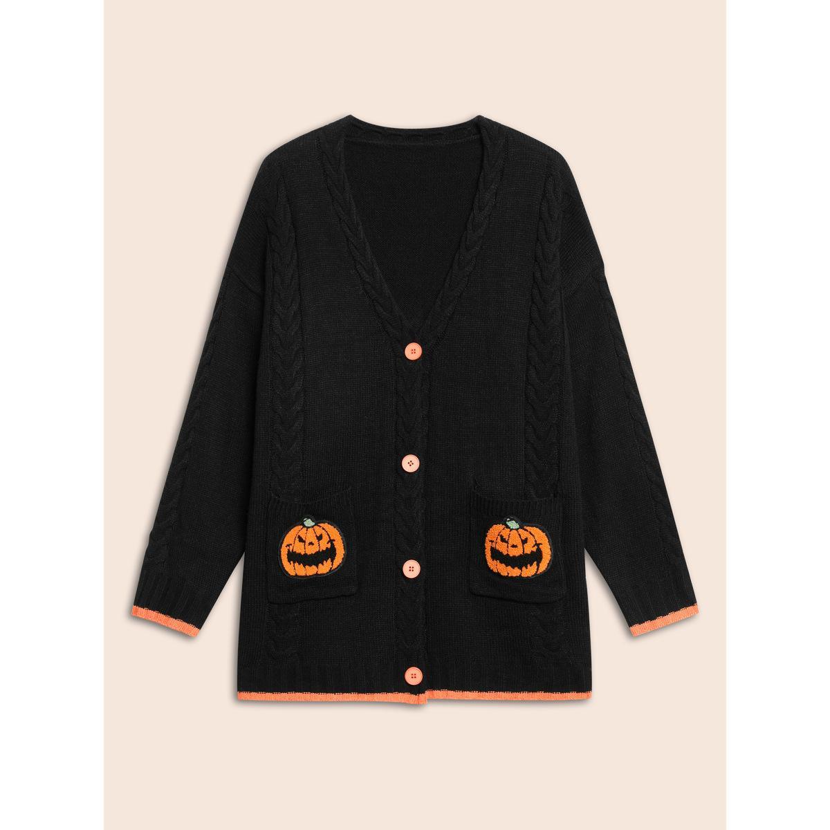 Plus Size Pumpkin Pocket Embroidered Contrasting Cardigan - For Halloween Black Women Casual Loose Long Sleeve Everyday Cardigans BloomChic 30/6X Product Image
