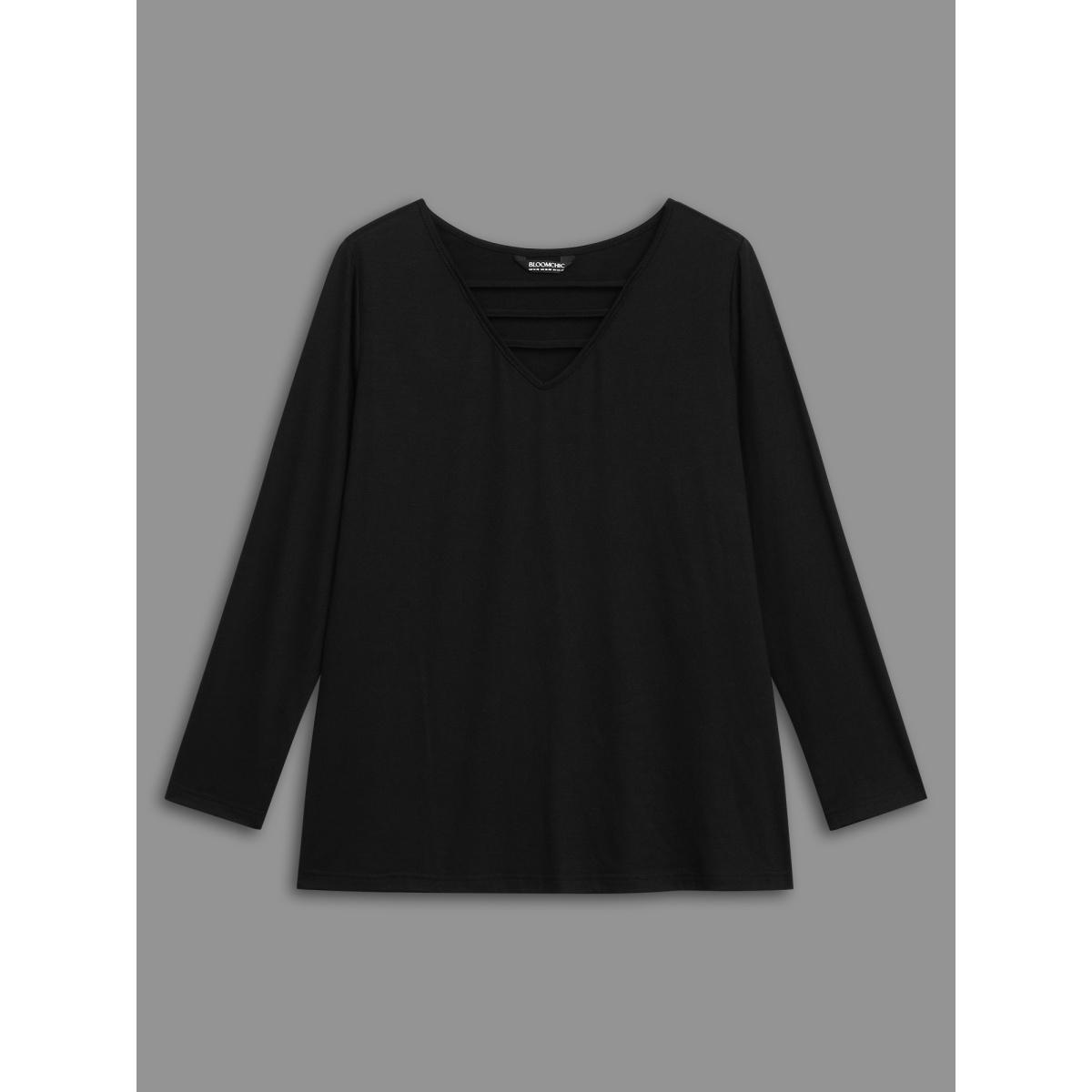 Plus Size V-neck Cut Out Straight Fit Tee Black Women Casual Cut-Out V-neck Everyday T-shirts BloomChic 12/L Product Image
