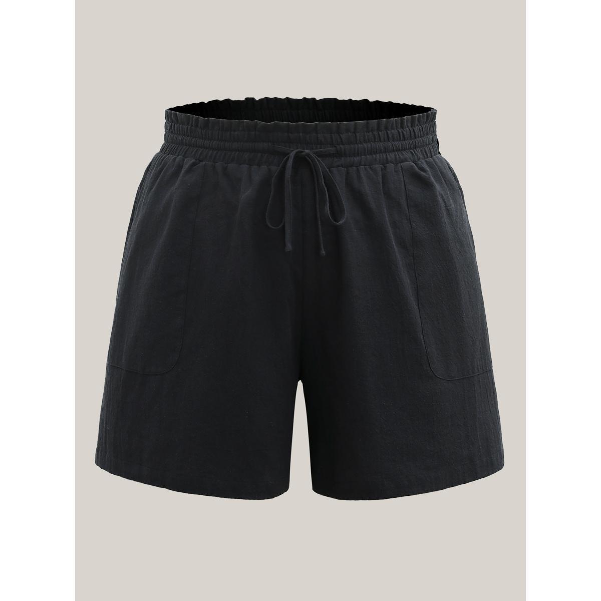 Plus Size Drawstring Waist Pockets Straight-Leg Shorts Women Black Casual Drawstring Straight Leg Everyday-Casual Shorts BloomChic 26/4X Product Image