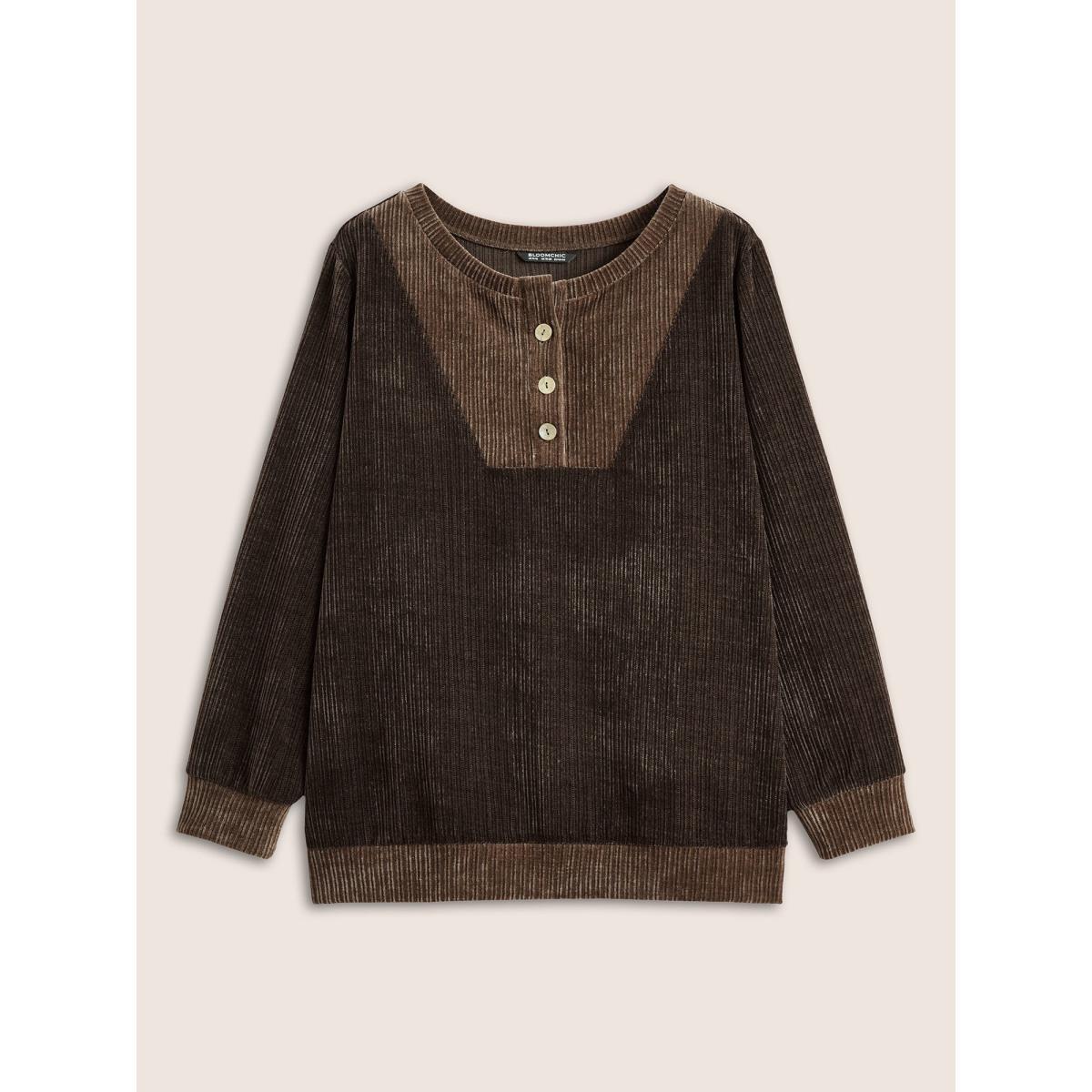 Plus Size Chenille Plisse Patchwork Button Detail Sweatshirt Women DarkBrown Casual Texture Round Neck Everyday Sweatshirts BloomChic 12/L Product Image