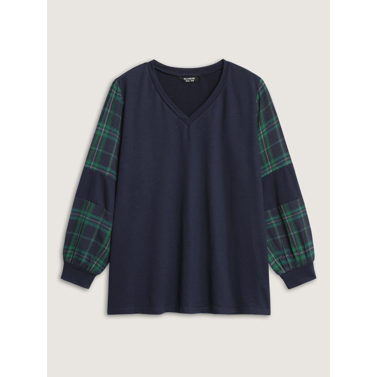 Plus Size Plaid Sleeve Color Contrast Sweatshirt Women Indigo Contrast Loose V-neck Everyday-Casual Sweatshirts BloomChic 14-16/1X Product Image