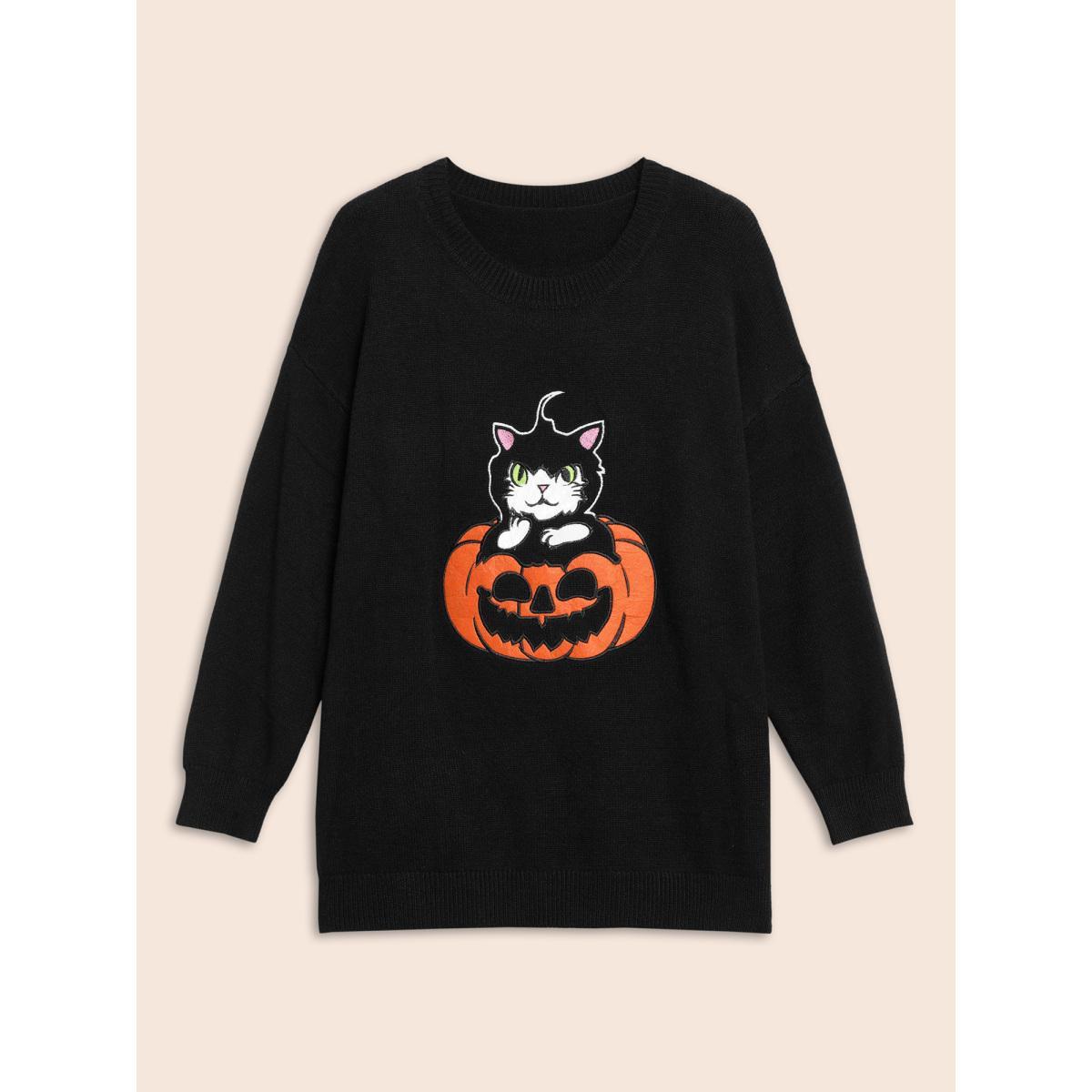 Plus Size Embroidered Cat In Pumpkin Crew Neck Pullover Black Women Casual Long Sleeve Round Neck Everyday Pullovers BloomChic 14-16/1X Product Image