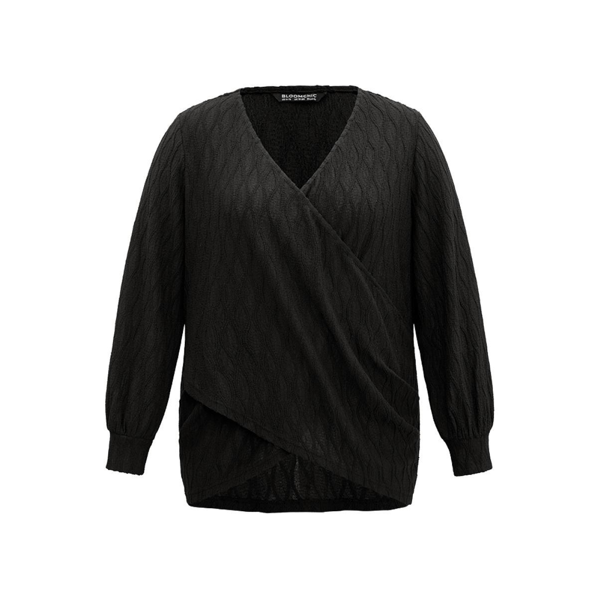 Plus Size Black Solid Jacquard Overlap Collar Crossover Blouse Women Casual Long Sleeve Overlap Collar Dailywear Blouses BloomChic 26/4X Product Image