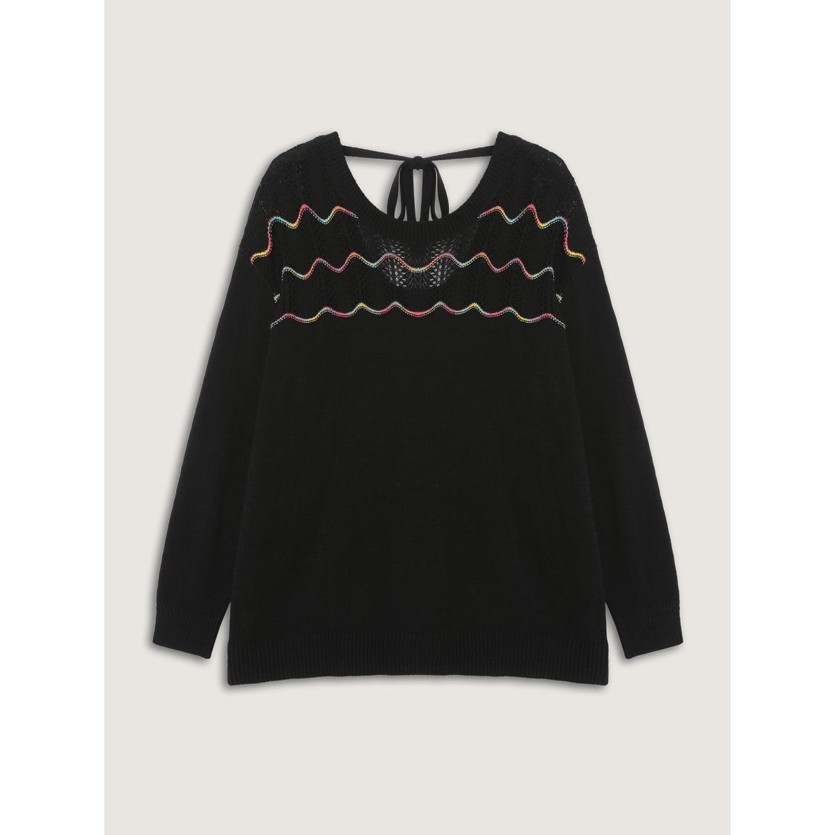 Plus Size Ripple Textured Sheer Neck Backless Pullover Black Women Loose Long Sleeve Round Neck Everyday-Casual Pullovers BloomChic 18-20/2X Product Image