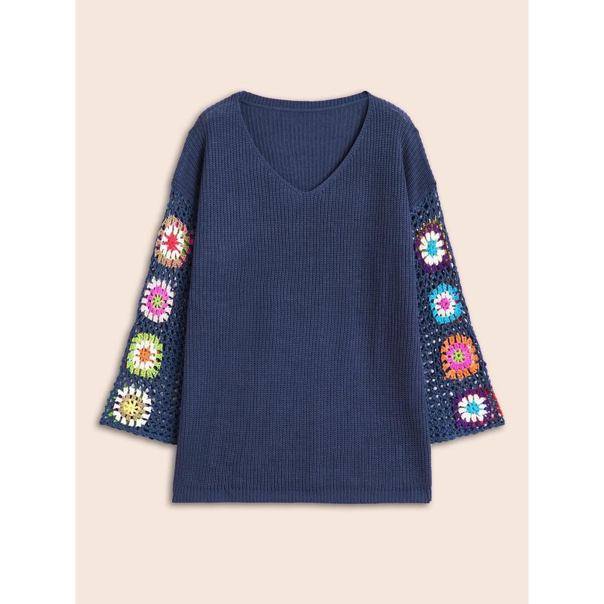 Plus Size Floral Embroidered Hollow Out Pullover Indigo Women Casual Long Sleeve V-neck Everyday Pullovers BloomChic 14-16/1X Product Image