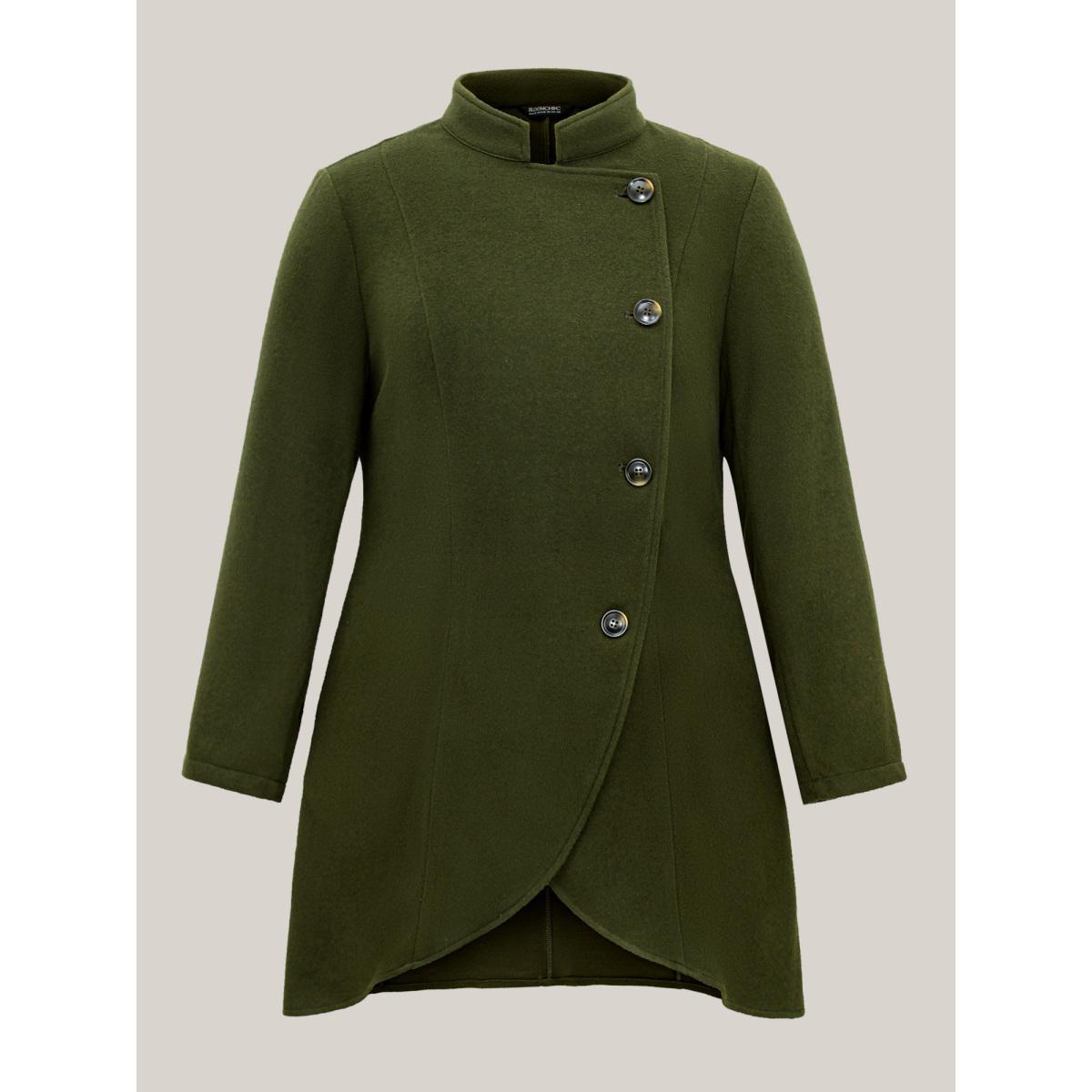 Plus Size Solid Wrap Button Up Asymmetrical Hem Coat Women ArmyGreen Elegant Button Ladies Everyday Winter Coats BloomChic 26/4X Product Image