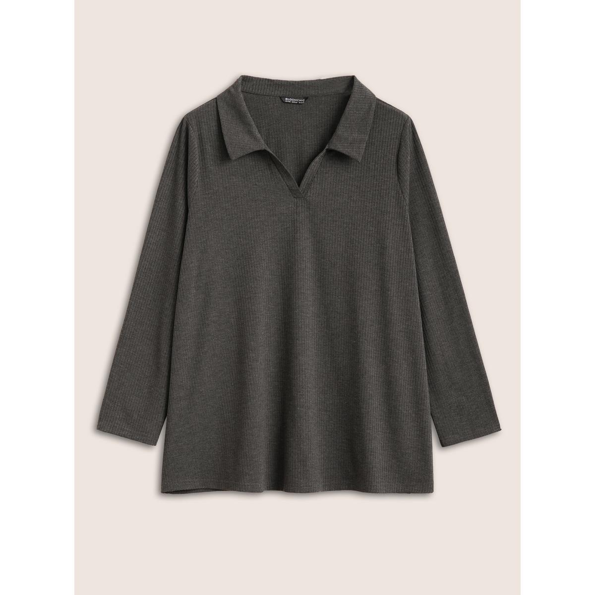 Plus Size Plain Lapel Collar Rib Knit T-shirt DimGray Women Casual Non Plain Lapel Collar Everyday T-shirts BloomChic 26/4X Product Image