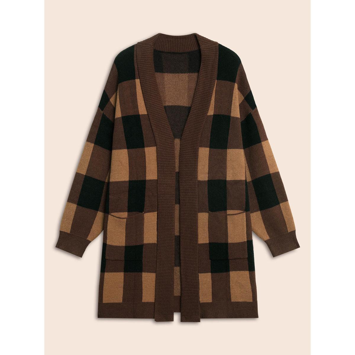 Plus Size Supersoft Essentials Plaid Kimono Collar Cardigan Browncoffeecolor Women Casual Loose Long Sleeve Everyday Cardigans BloomChic 30/6X Product Image