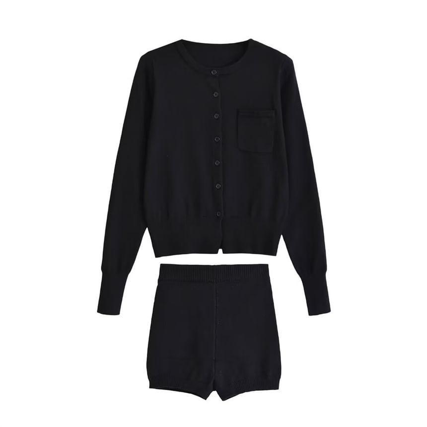 Set: Round Neck Plain Cardigan + High Waist Knit Shorts Product Image