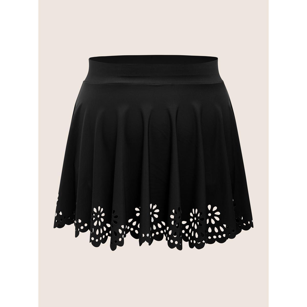 Plus Size Plain Laser Cut Elastic Waist Swim Bottom Women's Swimwear Black Beach Laser High stretch Bodycon High Rise Curve Swim Bottoms BloomChic 12/L Product Image