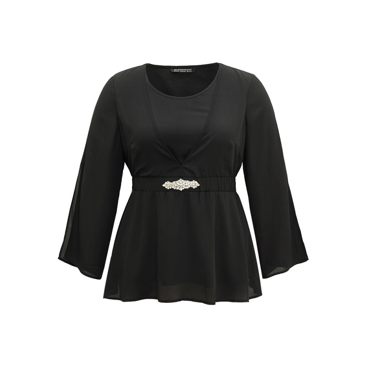 Plus Size Black Solid Chiffon Rhinestone Bell Sleeve Blouse Women Glamour Elbow-length sleeve V-neck Festival-Halloween Blouses BloomChic 22-24/3X Product Image