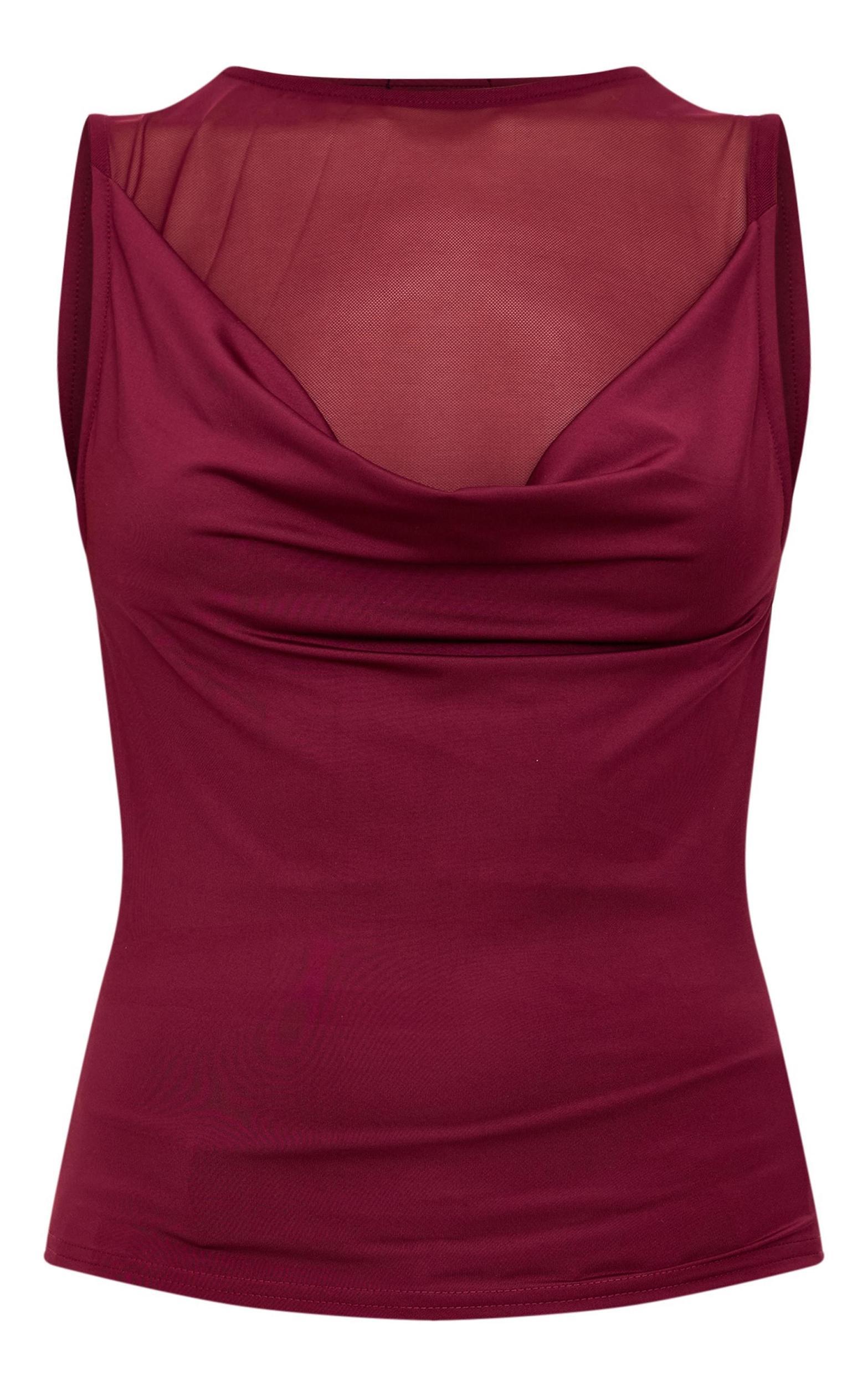 Burgundy Mesh Panel Cowl Slinky Top Product Image