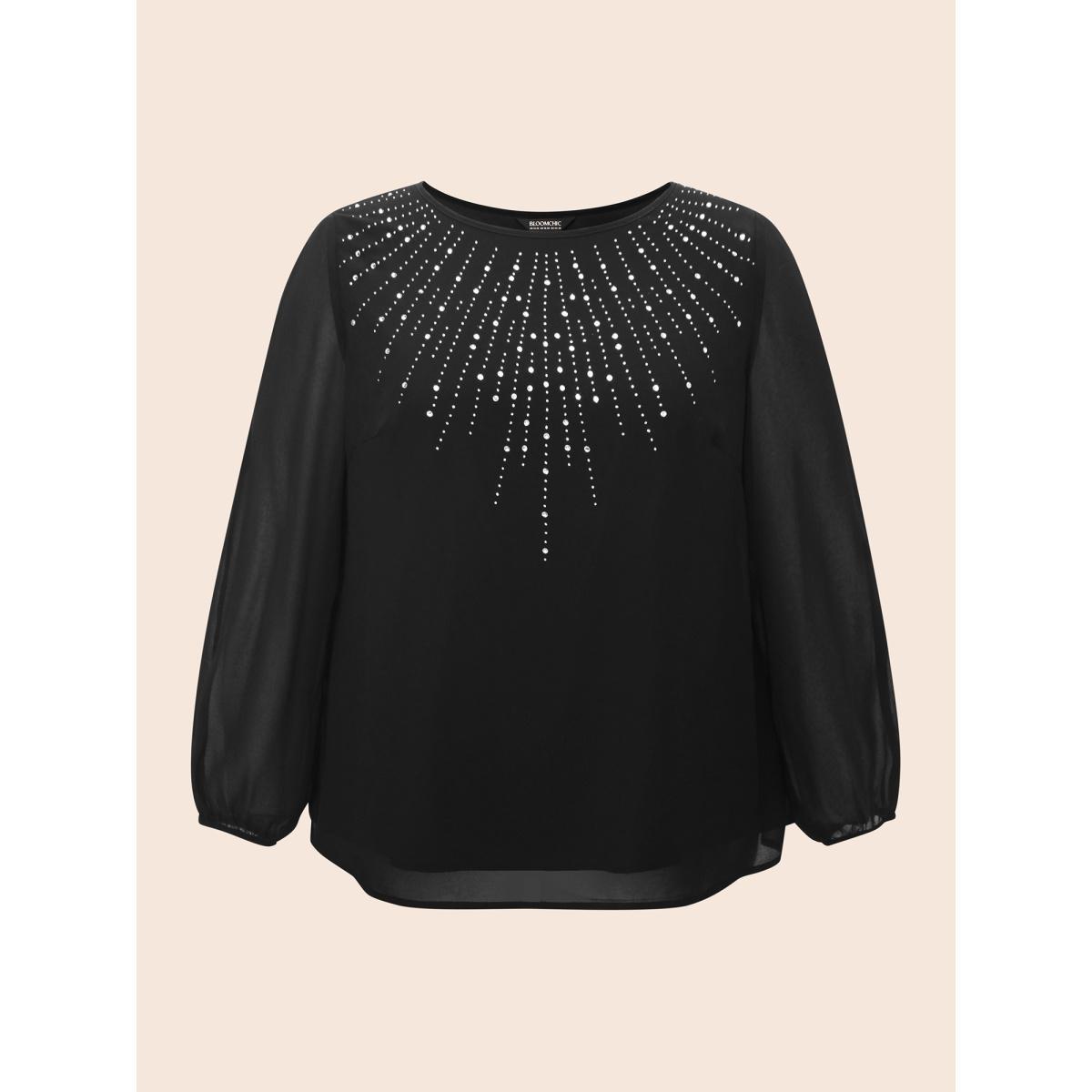 Plus Size Black Rhinestone Cut Out Lantern Sleeve Blouse Women Cocktail Long Sleeve Round Neck Party Blouses BloomChic 14-16/1X Product Image