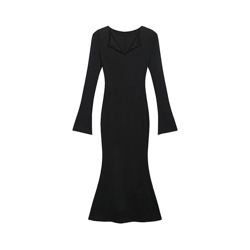 Long Sleeve Open Placket Plain Maxi Sheath Dress Product Image