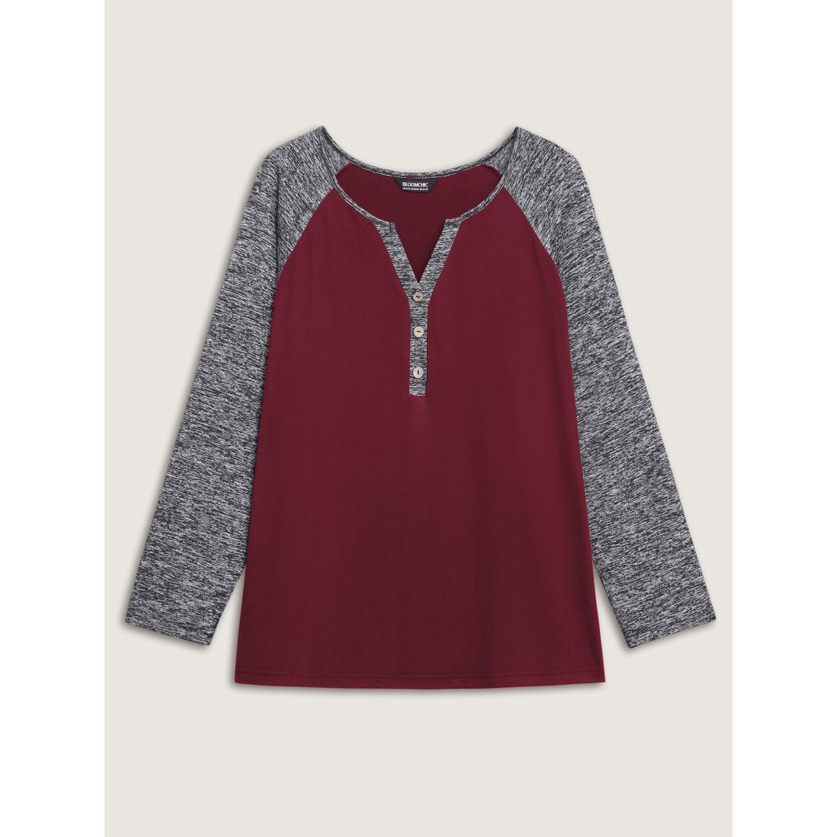Plus Size Heather Patchwork Button Detail Stretchy T-Shirt Burgundy Women Casual Contrast Flat collar with V-notch Everyday T-shirts BloomChic 28/5X Product Image
