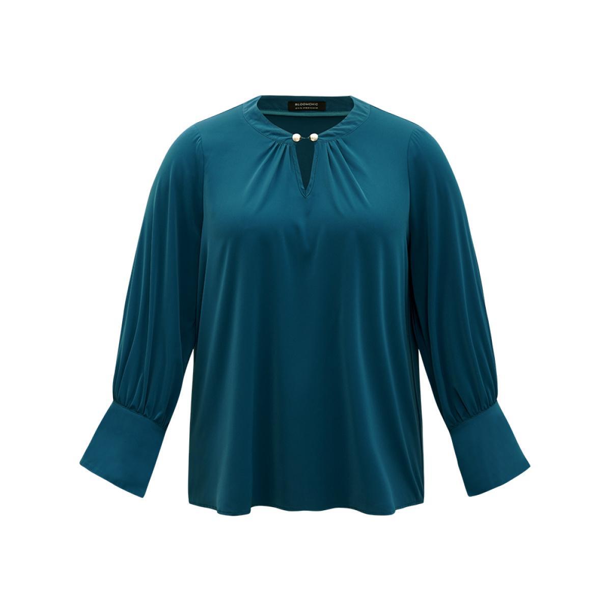 Plus Size Aegean Plain Pearl Beaded Plicated Detail Blouse Women Office Long Sleeve Round Neck Work Blouses BloomChic 28/5X Product Image