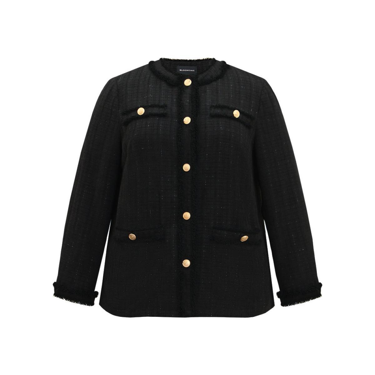 Plus Size Fuzzy Trim Pocket Metal Button Fly Jacket Women Black Casual Plain Ladies Everyday Winter Coats BloomChic 28/5X Product Image