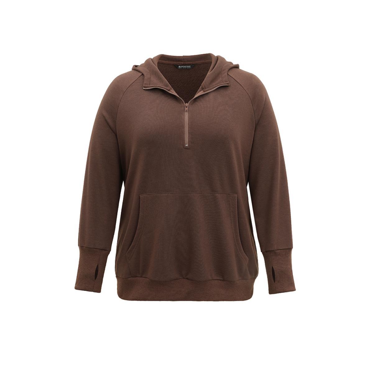 Plus Size Plain Thumb Hole Hooded Kangaroo Pocket Sweatshirt Women DarkBrown Casual Plain Hooded Dailywear Sweatshirts BloomChic 18-20/2X Product Image