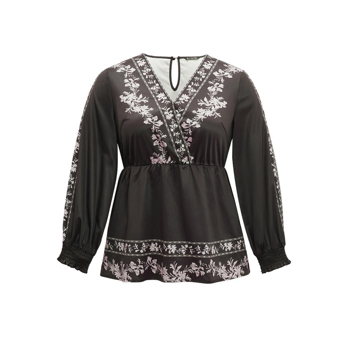 Plus Size BlackFlower Boho Print Shirred Lantern Sleeve Blouse Women Resort Long Sleeve V-neck Vacation Blouses BloomChic 10/M Product Image
