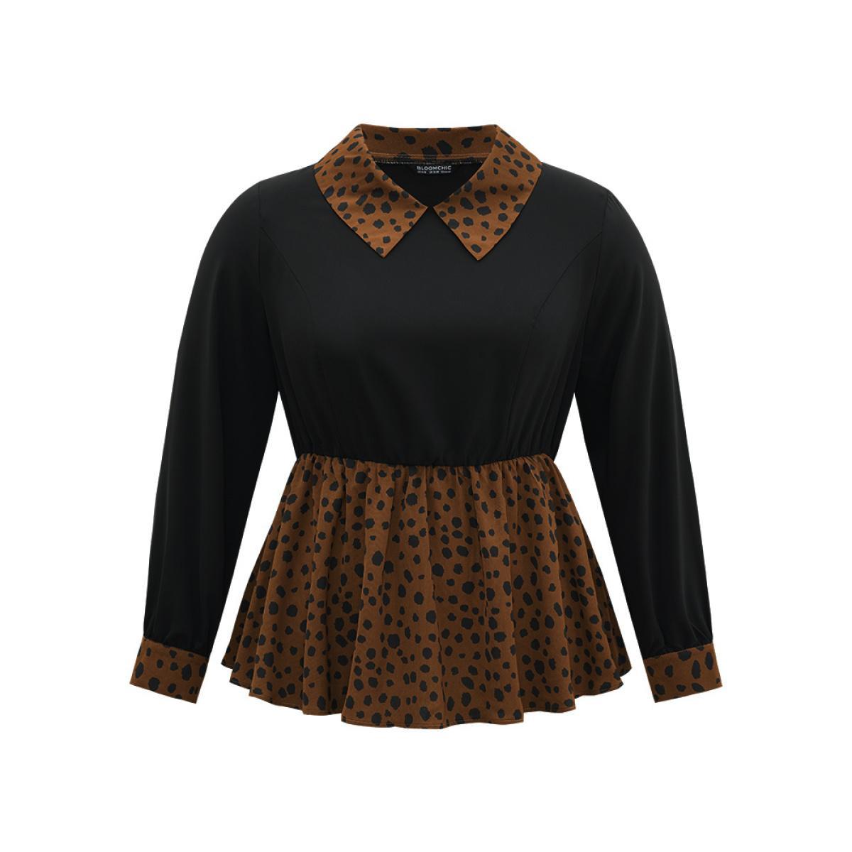 Plus Size Black Leopard Patchwork Elastic Waist Blouse Women Elegant Long Sleeve Lapel Collar Dailywear Blouses BloomChic 26/4X Product Image