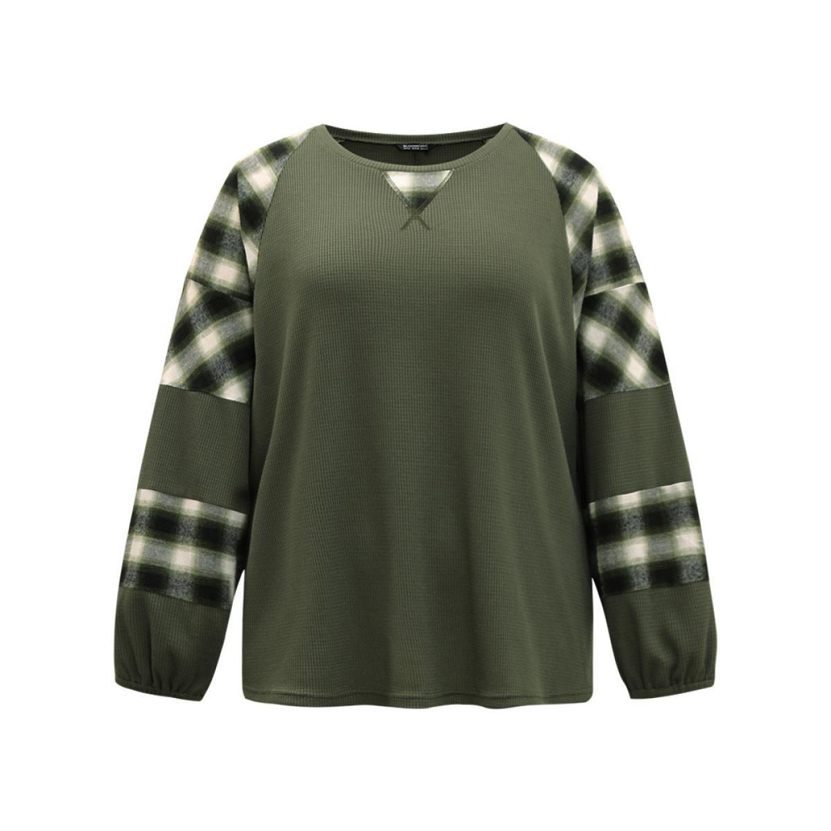 Plus Size Plaid Patchwork Rib Knit Elastic Cuffs Sweatshirt ArmyGreen Women Casual Elastic cuffs Plaid Round Neck Dailywear T-shirts BloomChic 26/4X Product Image
