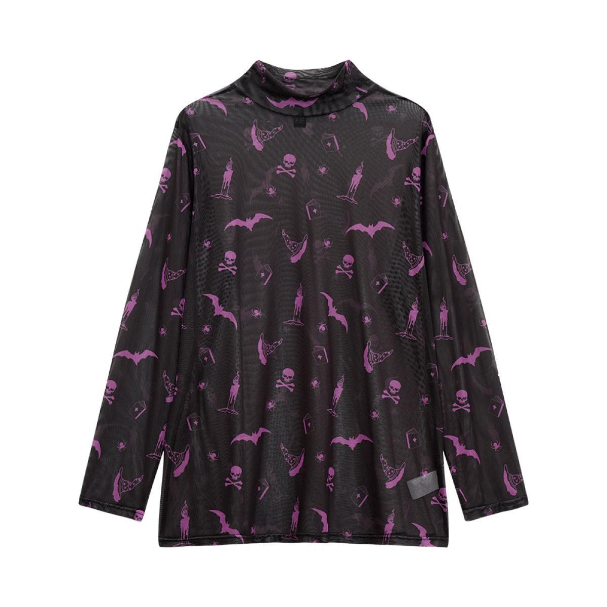 Plus Size Halloween Mock Neck Skull Print Mesh T-shirt Black Women Casual See through Graphic-Halloween Mock Neck Festival-Halloween T-shirts BloomChic 14-16/1X Product Image