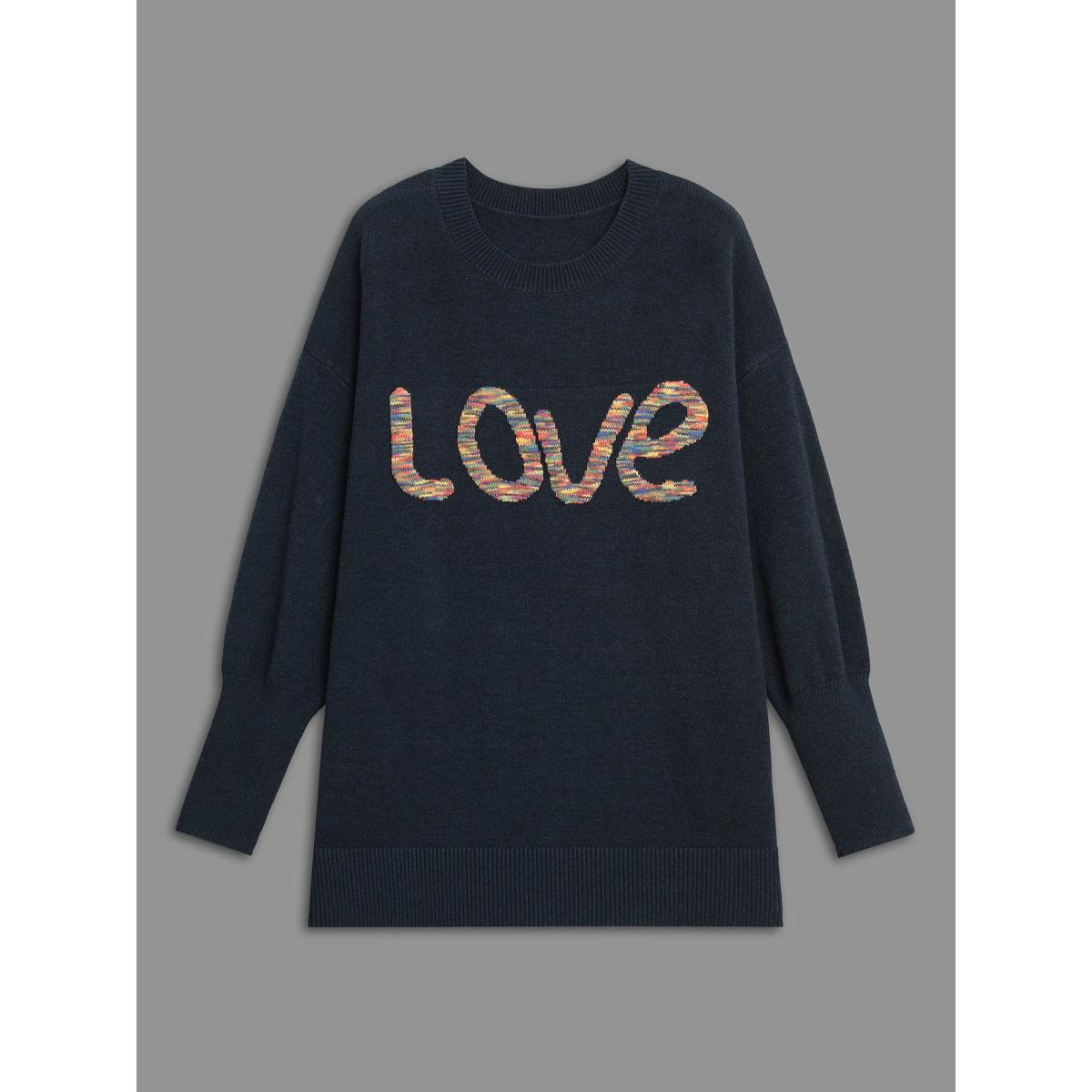 Plus Size Supersoft Essentials Love Pattern Heather Pullover Indigo Women Casual Loose Long Sleeve Round Neck Everyday Pullovers BloomChic 12/L Product Image