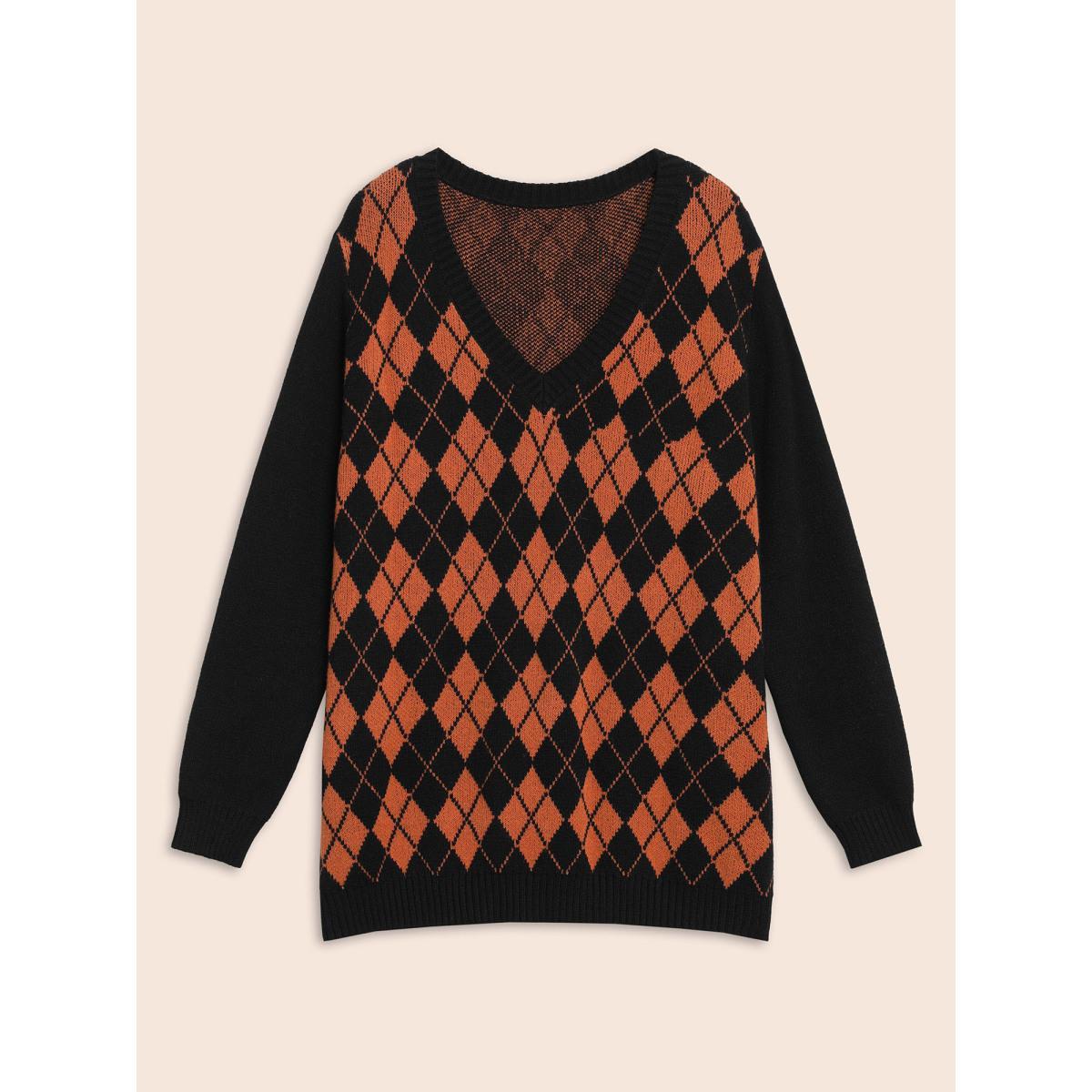 Plus Size V-Neck Plaid Print Pullover Black Women Casual Long Sleeve V-neck Everyday Pullovers BloomChic 30/6X Product Image