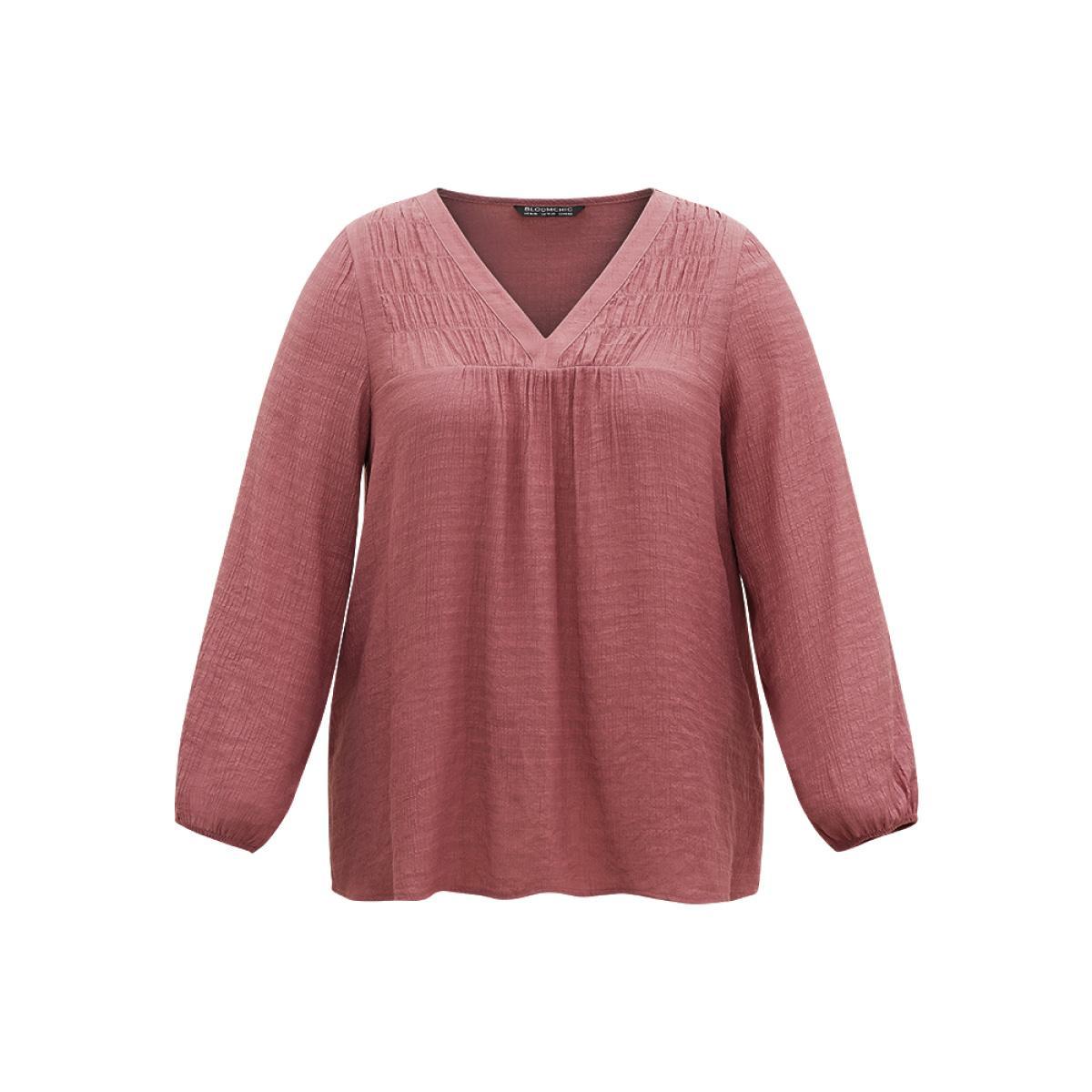 Plus Size DustyPink Plain Gathered Texture Lantern Sleeve Blouse Women Elegant Long Sleeve V-neck Dailywear Blouses BloomChic 30/6X Product Image
