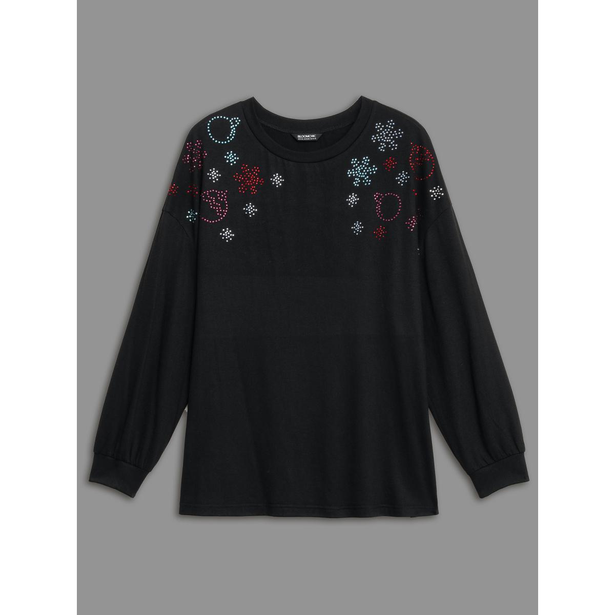 Plus Size Rhinestone Embellished Shoulder Round Neck Tee Black Women Casual Rhinestone detailing Round Neck Everyday T-shirts BloomChic 28/5X Product Image