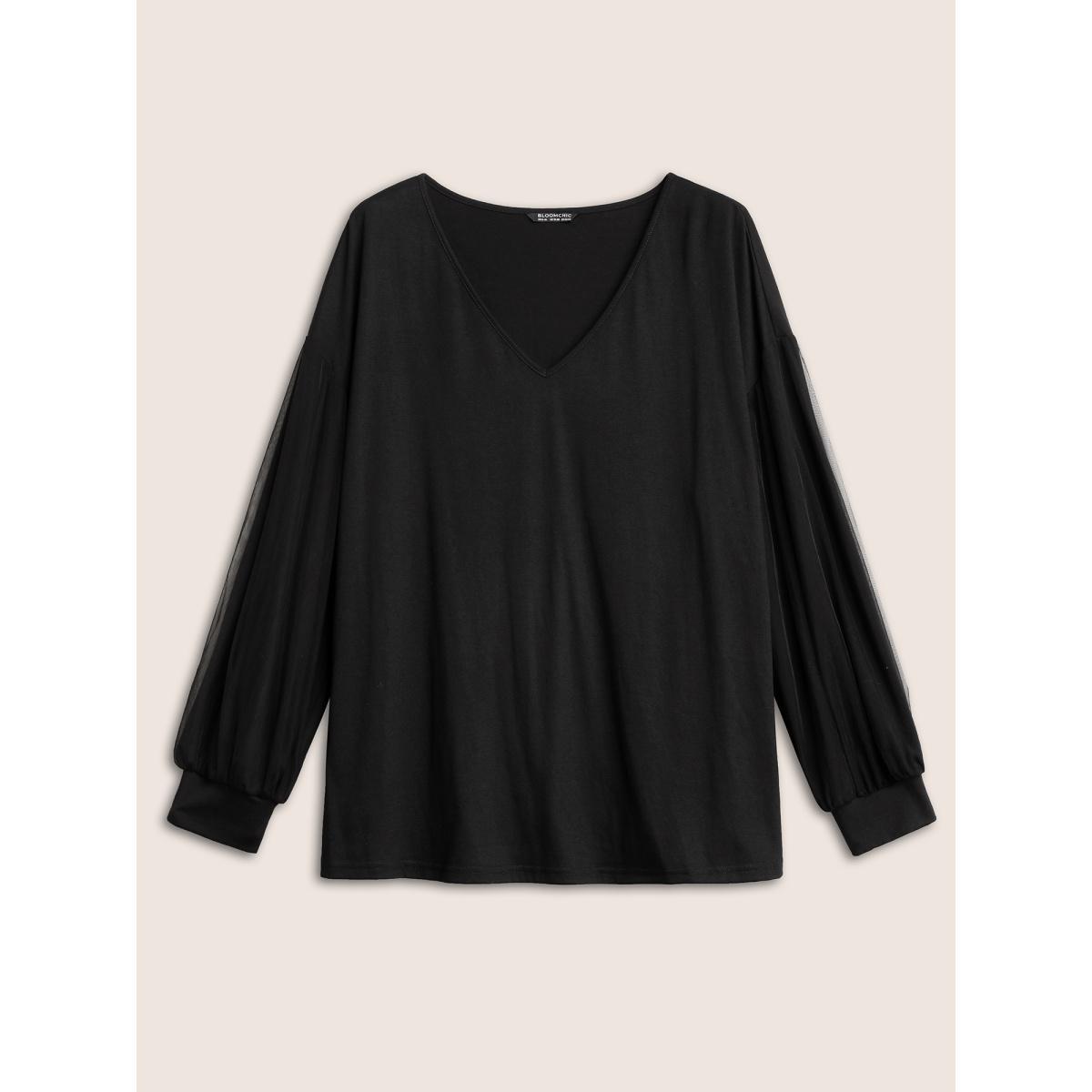 Plus Size Plain Tiered Mesh Patchwork T-shirt Black Women Elegant Non Plain V-neck Everyday T-shirts BloomChic 26/4X Product Image
